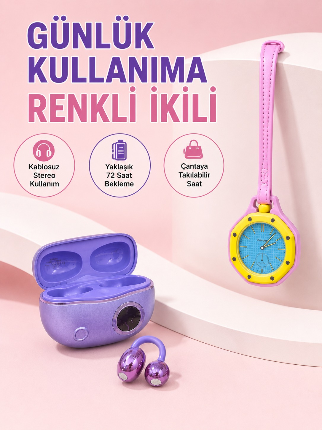 Şarj Kutulu Kablosuz Kulaklık ve Pembe Çanta Charm Analog Saat Seti Müzik ve Aksesuar Bir Arada - Lisinya