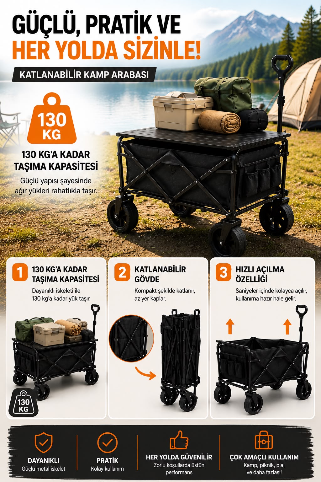Piknik Kamp Arabası Masalı Geniş Tekerlekli Taşıma ve Yük Arabası 130 Kg - Lisinya