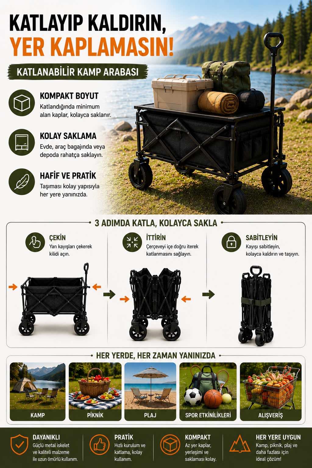 Katlanır Kamp Arabası 130 Kg Kapasiteli Üst Tablalı Kalın Tekerlekli Çok Amaçlı Taşıma Arabası - Lisinya Katlanır Kamp Arabası 130 Kg Kapasiteli Üst Tablalı Kalın Tekerlekli Çok Amaçlı Taşıma Arabası - Lisinya