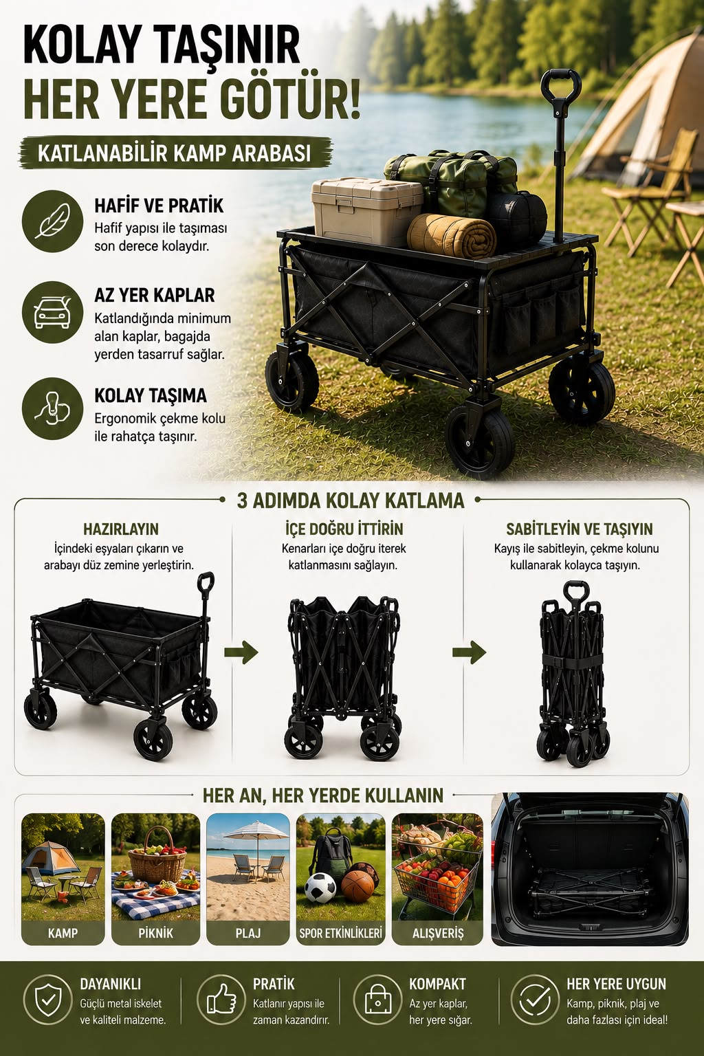 Kamp Piknik Plaj Arabası Katlanabilir Masalı Çekme Kollu Kompakt Taşıma Arabası 130 Kg - Lisinya Kamp Piknik Plaj Arabası Katlanabilir Masalı Çekme Kollu Kompakt Taşıma Arabası 130 Kg - Lisinya
