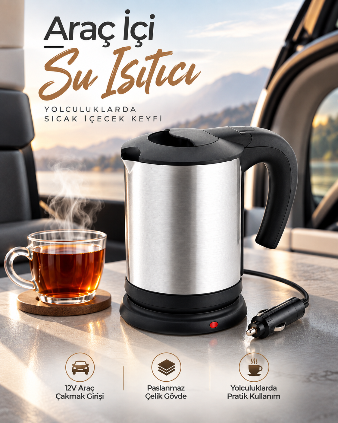 Araç İçi Kullanıma Uygun 12V Elektrikli Su Isıtıcı Paslanmaz Çelik Gövdeli Pratik Kettle - Lisinya Araç İçi Kullanıma Uygun 12V Elektrikli Su Isıtıcı Paslanmaz Çelik Gövdeli Pratik Kettle - Lisinya