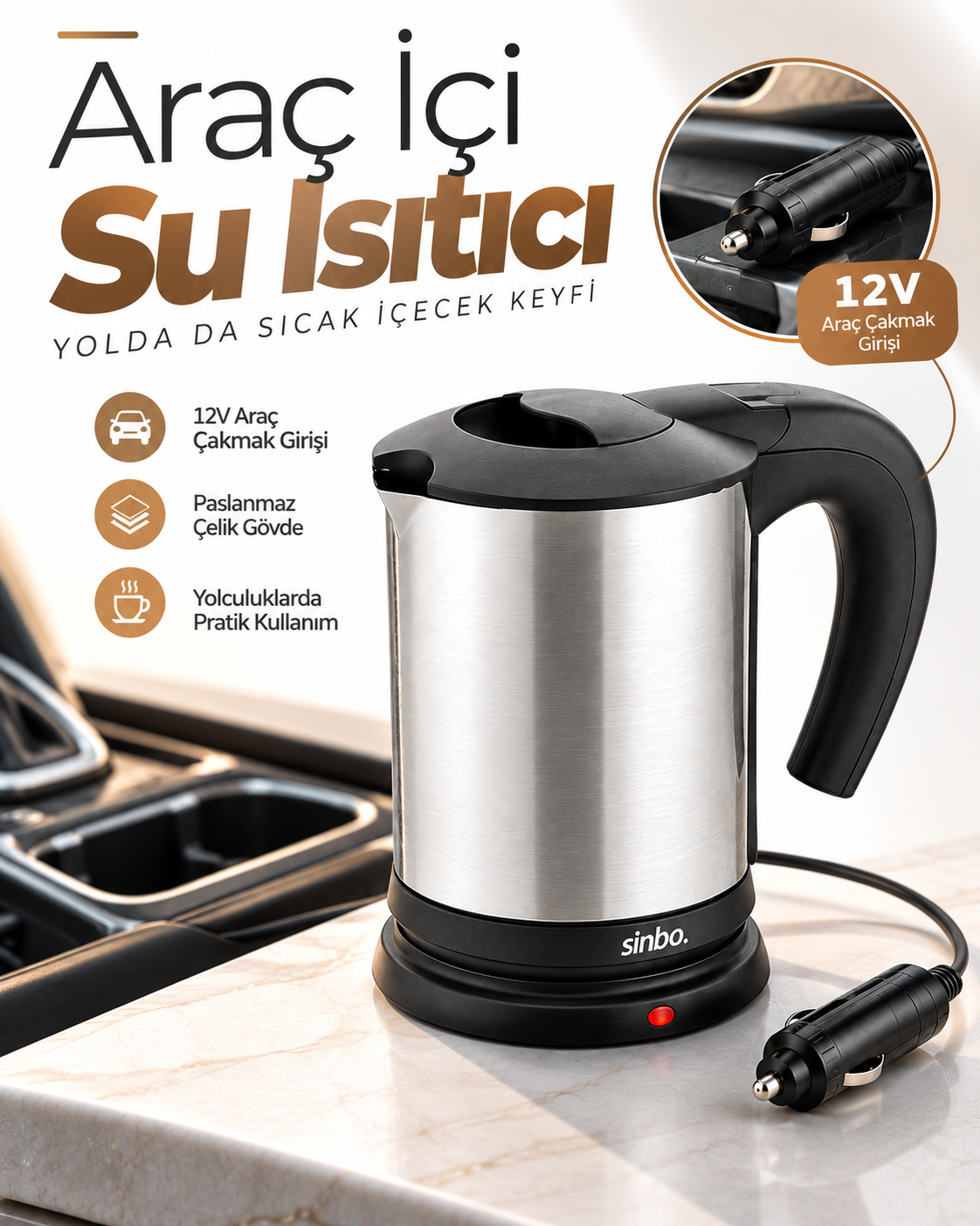 Araçta Sıcak Su Hazırlamak İçin 12V Çakmak Girişli Paslanmaz Çelik Su Isıtıcı Kettle - Lisinya Araçta Sıcak Su Hazırlamak İçin 12V Çakmak Girişli Paslanmaz Çelik Su Isıtıcı Kettle - Lisinya