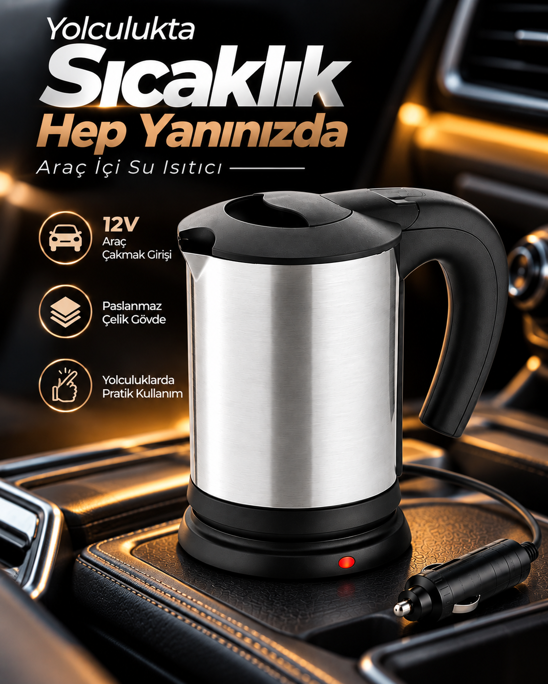 12V Araç Çakmak Girişli Paslanmaz Çelik Araç İçi Su Isıtıcı Seyahat Tipi Pratik Kettle - Lisinya