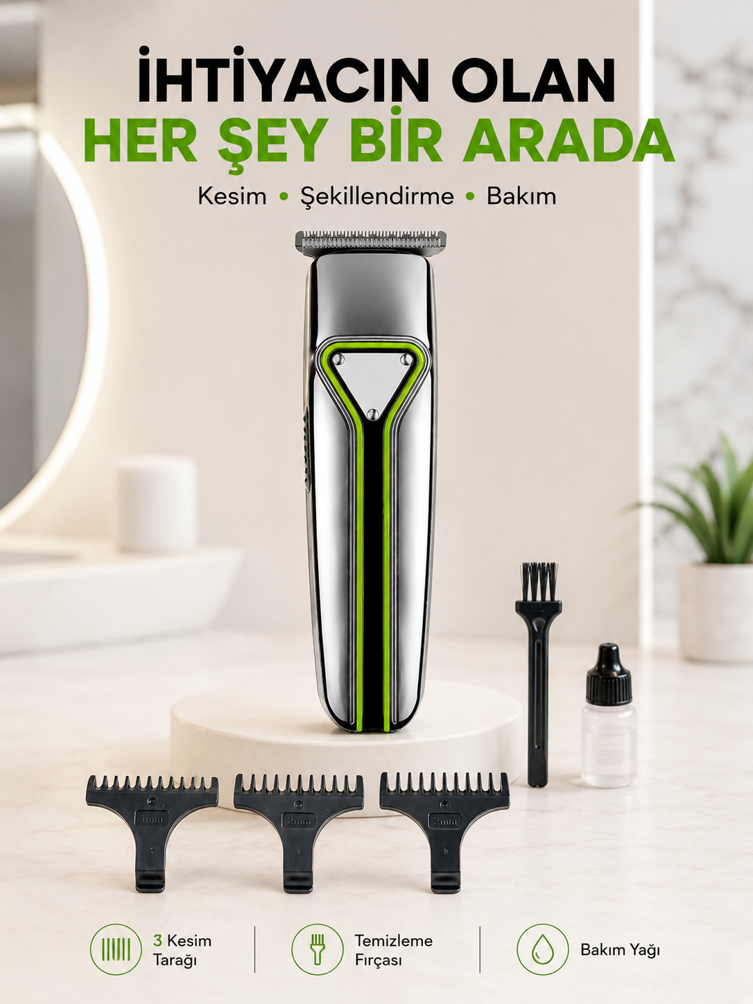 Profesyonel Saç Sakal Tıraş Makinesi T Bıçaklı Şarjlı Kablosuz 3 Taraklı Erkek Bakım Seti - Lisinya