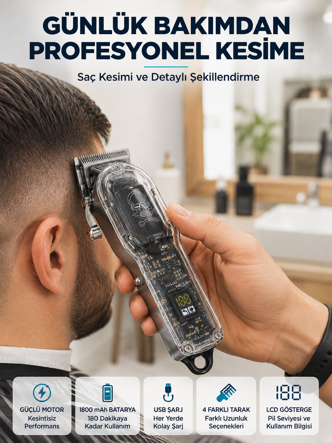 Şarjlı Saç Kesme Makinesi 4 Farklı Taraklı LCD Pil Göstergeli USB Şarjlı Profesyonel Erkek Tıraş Makinesi - Lisinya