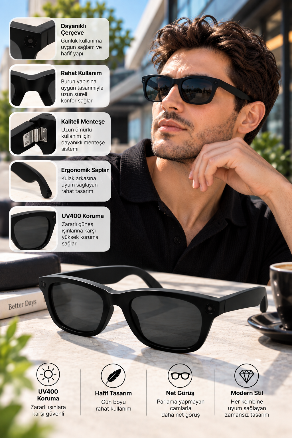 Kameralı Akıllı Güneş Gözlüğü Smart Glasses Siyah Şık Tasarım - Lisinya