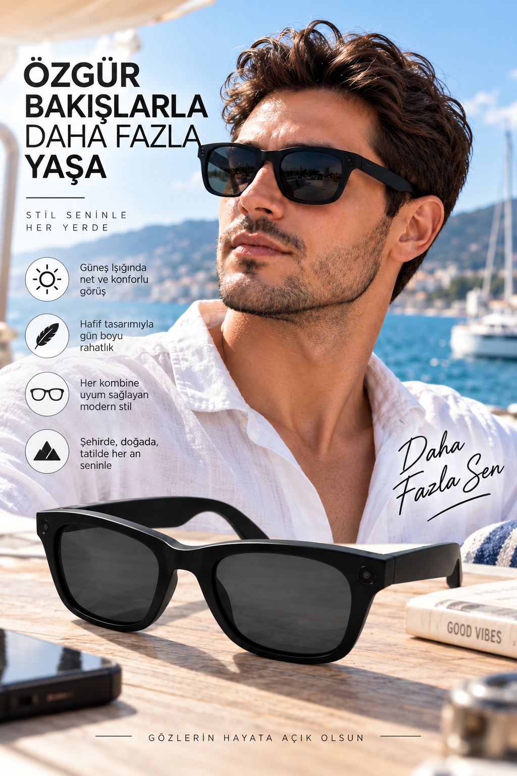 Kameralı Akıllı Güneş Gözlüğü Smart Glasses Anı Kaydetme - Lisinya