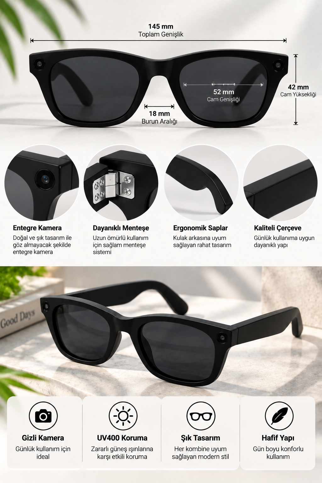 Kameralı Akıllı Güneş Gözlüğü Smart Glasses Anı Kaydetme (Kopya) - Lisinya pgmt5 akıllı gözlük - Lisinya