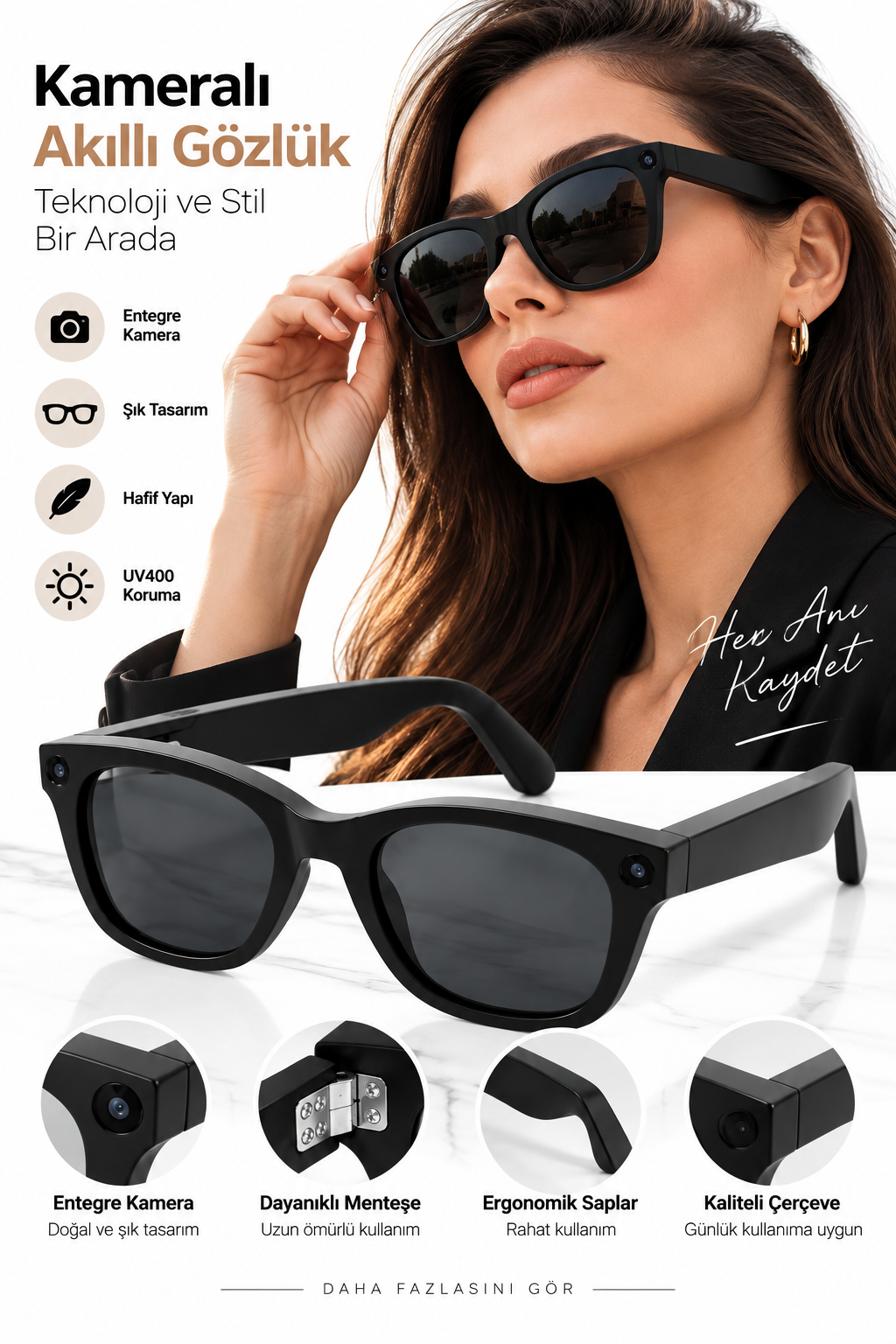 Kameralı Akıllı Gözlük Smart Glasses Güneş Gözlüğü Modern Siyah - Lisinya