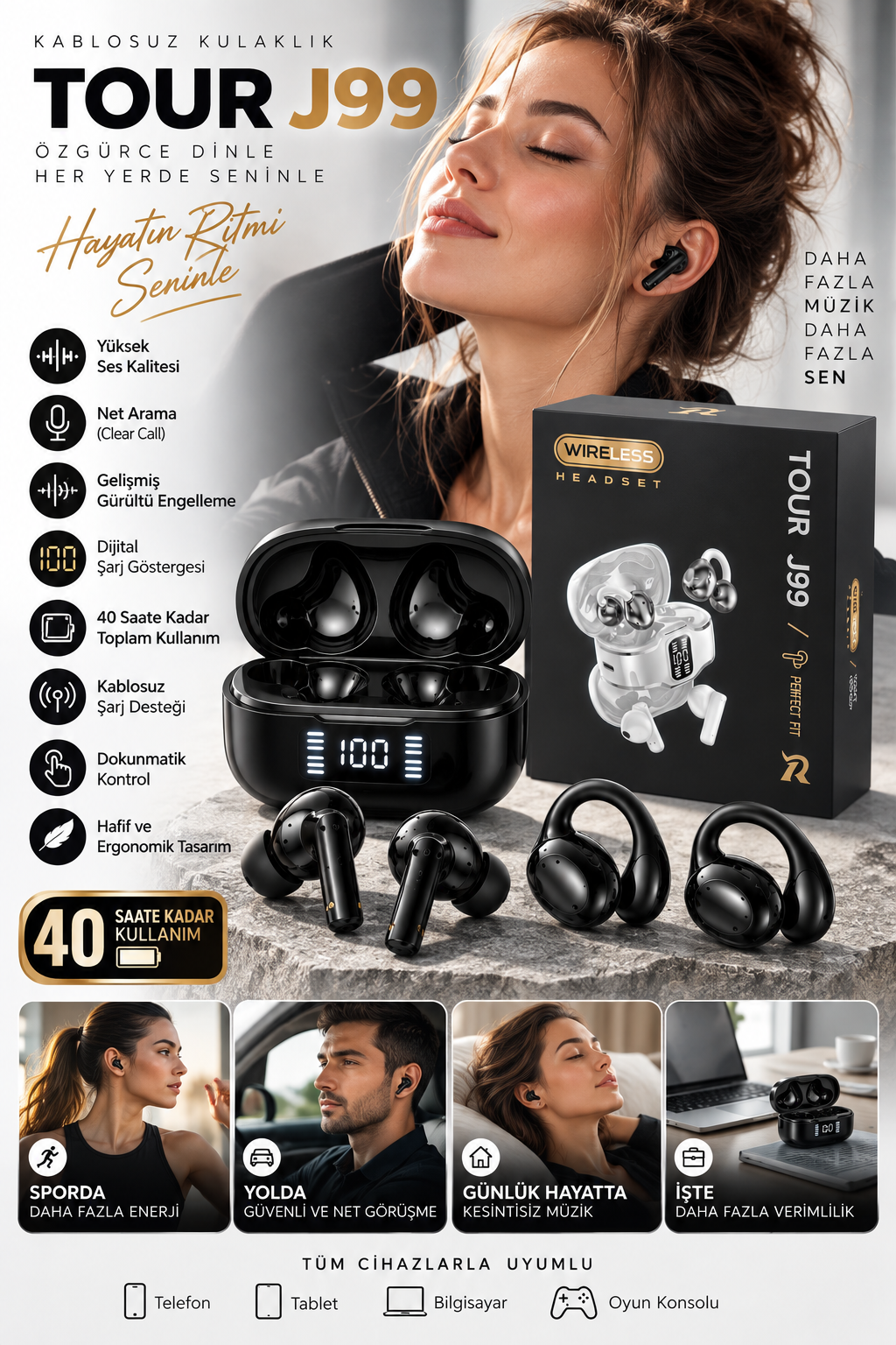 Küpe Tasarımını Sevenlere 4 Kulaklıklı Bluetooth Kulaklık Seti Kulağa Girmeyen Tasarım - Lisinya