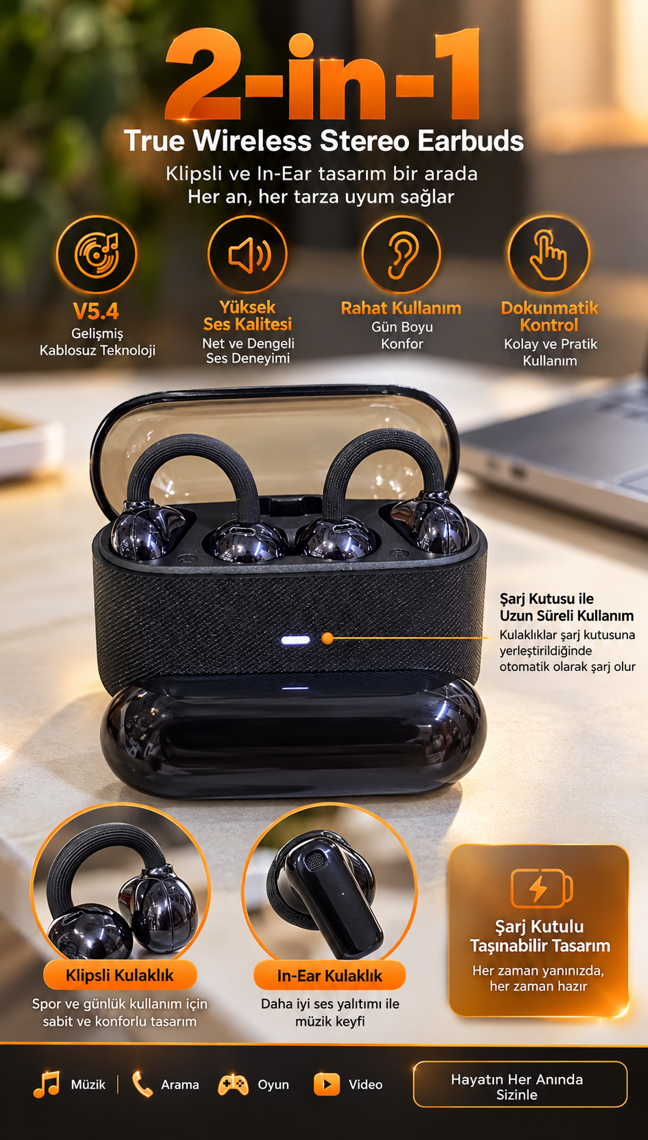 4 Kulaklıklı Kablosuz Bluetooth Kulaklık Klipsli ve Kulak İçi Kullanım 2’si 1 Arada Hi Fi Yüksek Ses Kalitesi Dokunmatik Kontrol Şarj Kutusu Siyah - Lisinya