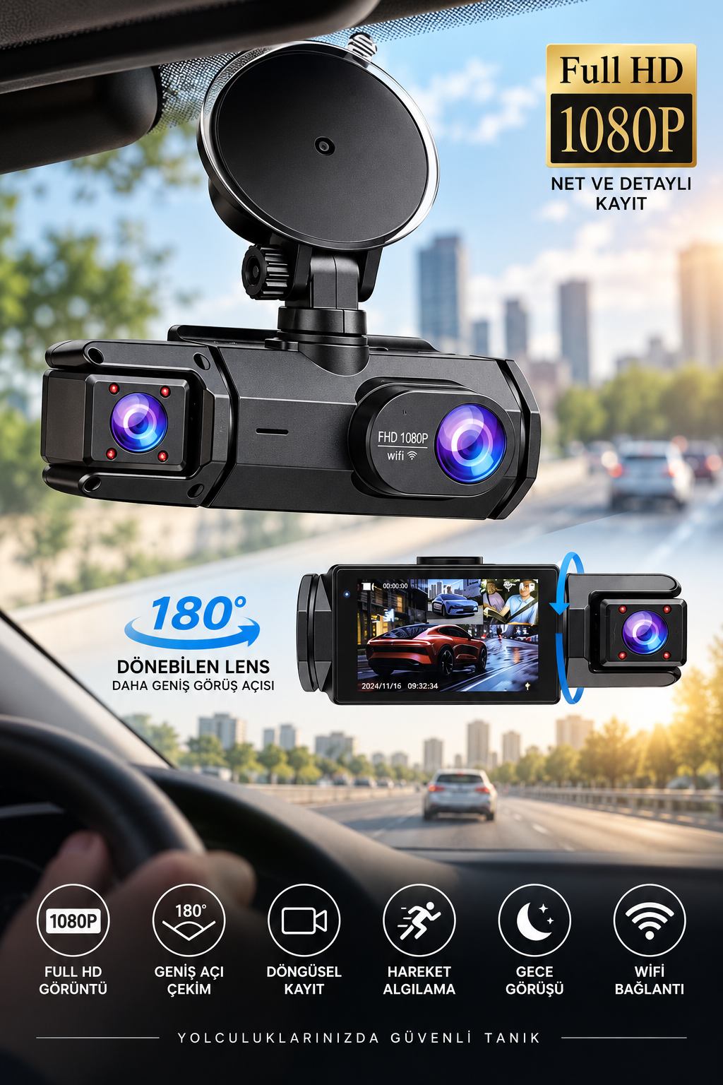 Y103 Full HD 1080P Gece Görüşlü Wi-Fi Araç İçi Yol Kayıt Kamerası - Görsel 3