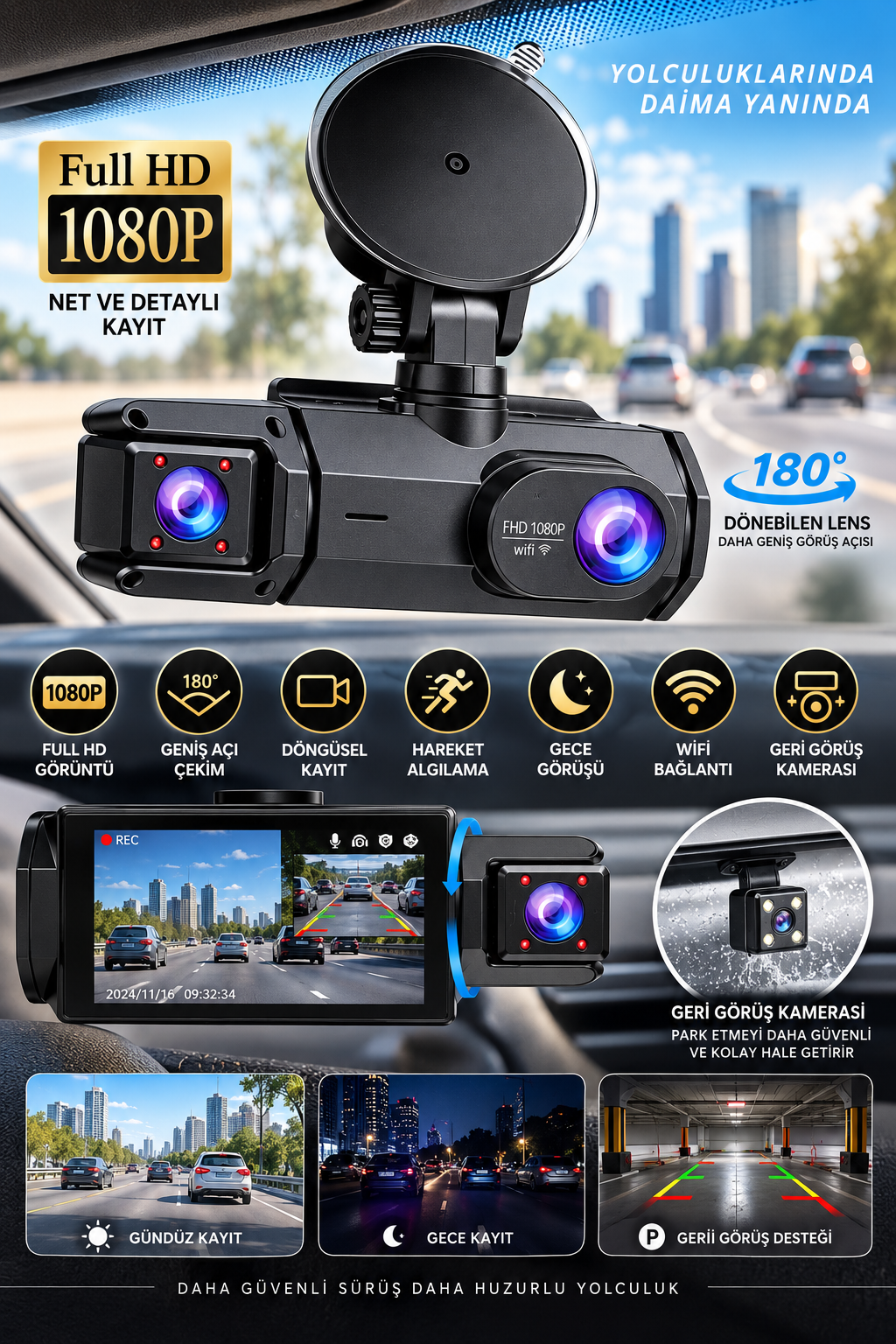 Full HD 1080P Çift Kamera 180° Geniş Açı WiFi Şarjlı Kullanım - Lisinya
