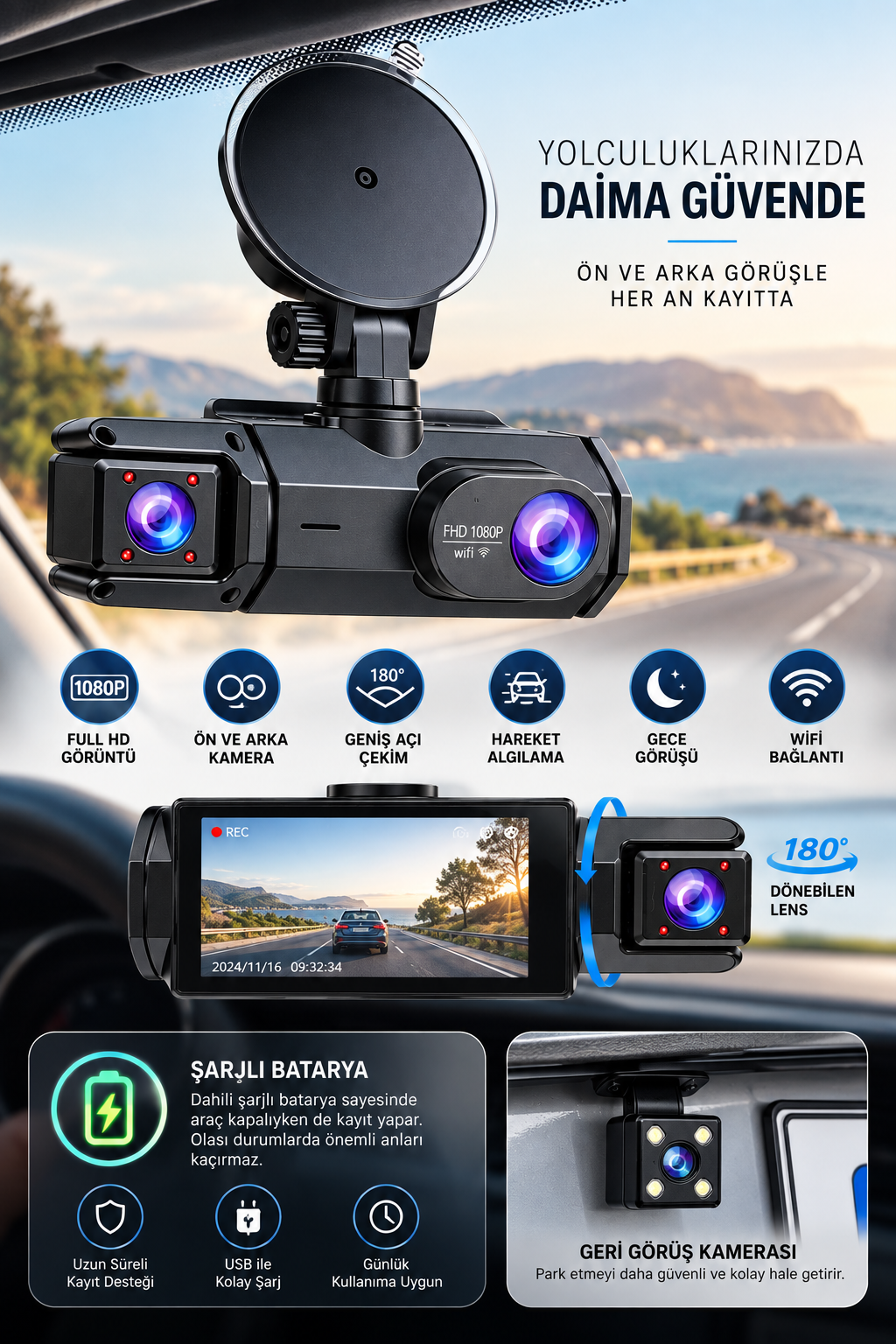 Y103 Full HD 1080P Gece Görüşlü Wi-Fi Araç İçi Yol Kayıt Kamerası - Görsel 4