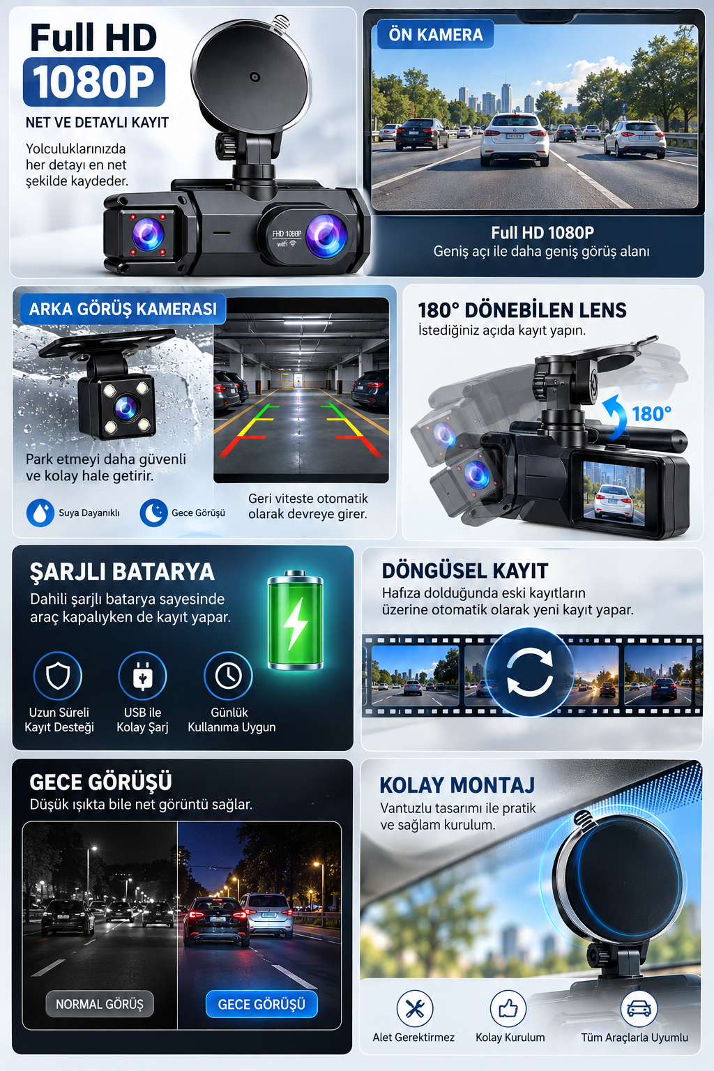 Y103 Full HD 1080P Gece Görüşlü Wi-Fi Araç İçi Yol Kayıt Kamerası - Görsel 5