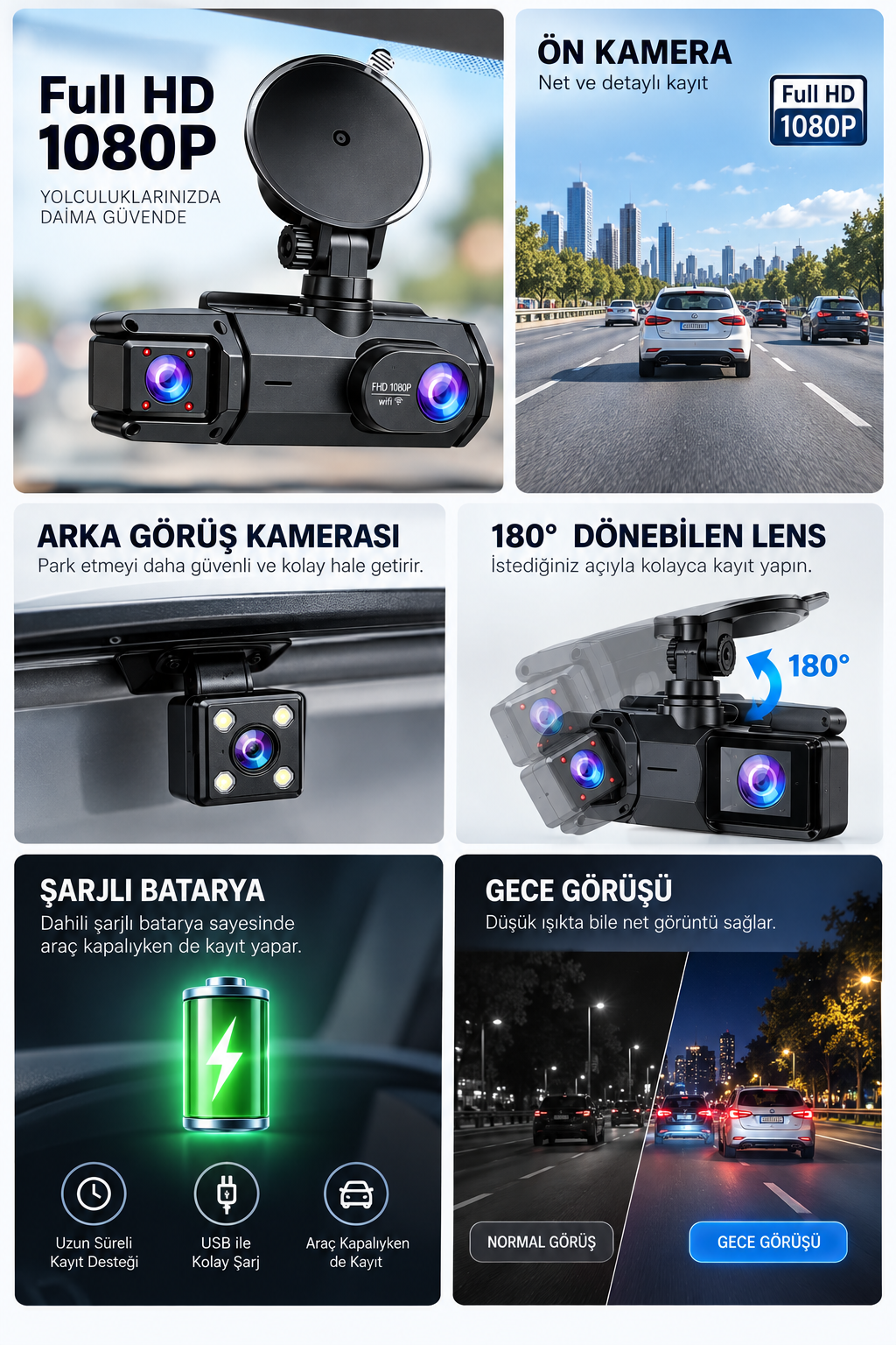 Y103 Full HD 1080P Gece Görüşlü Wi-Fi Araç İçi Yol Kayıt Kamerası - Görsel 2