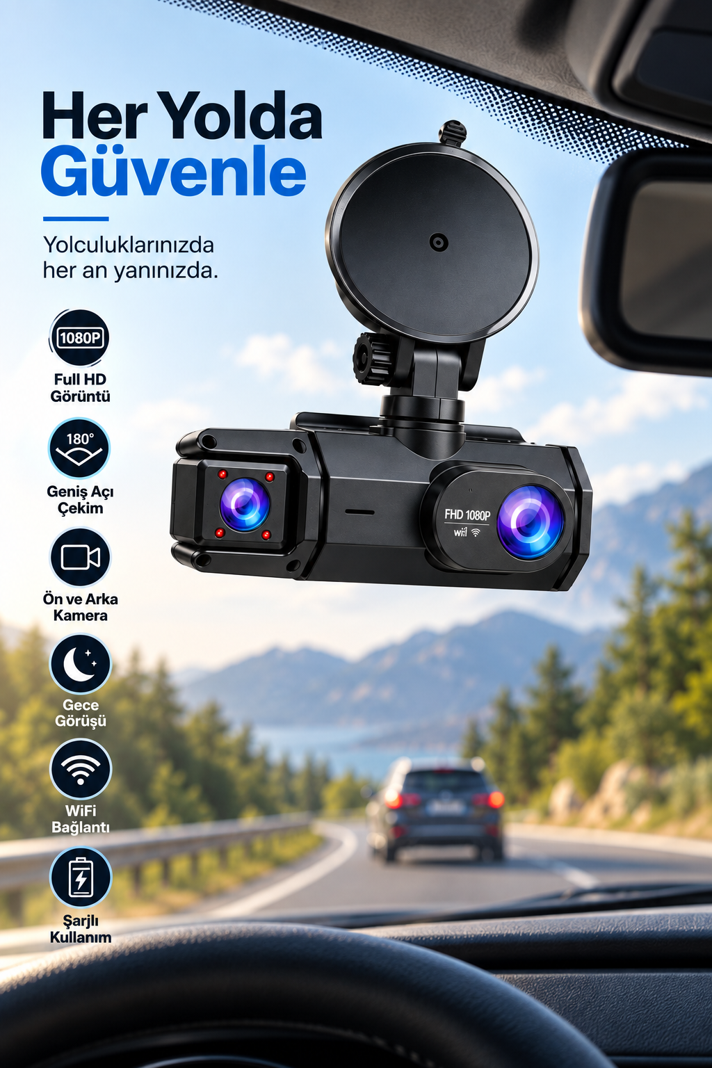 Y103 Full HD 1080P Gece Görüşlü Wi-Fi Araç İçi Yol Kayıt Kamerası - Görsel 1