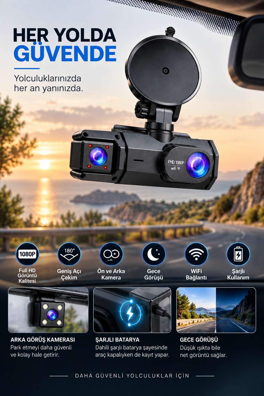 Ön Arka Kamera 1080P Full HD WiFi 180° Geniş Açı Şarjlı - Lisinya