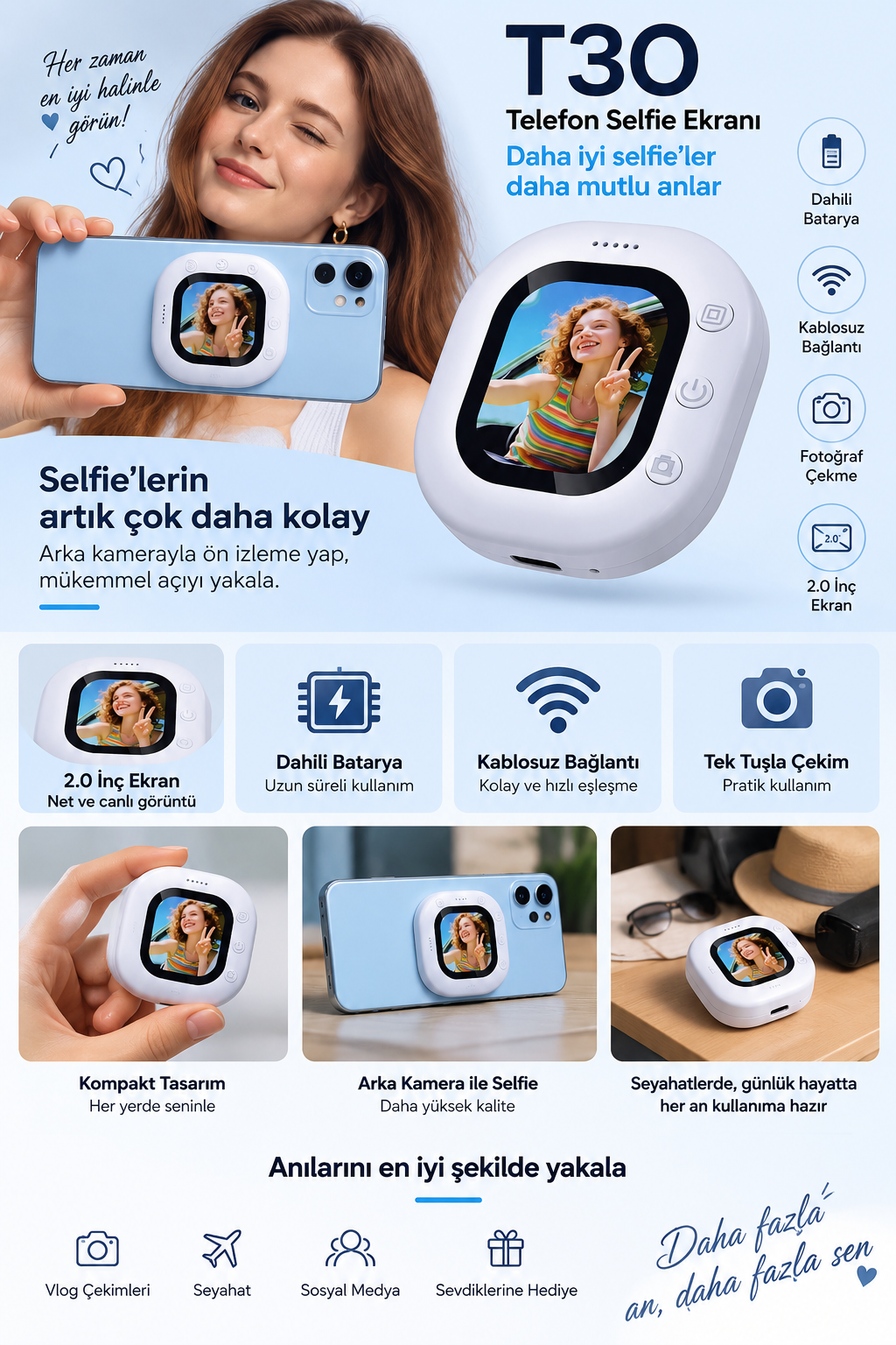 Kablosuz Mini Vlog Ekranı Tek Tuş Fotoğraf Çekimi - Lisinya Kablosuz Mini Vlog Ekranı Tek Tuş Fotoğraf Çekimi - Lisinya