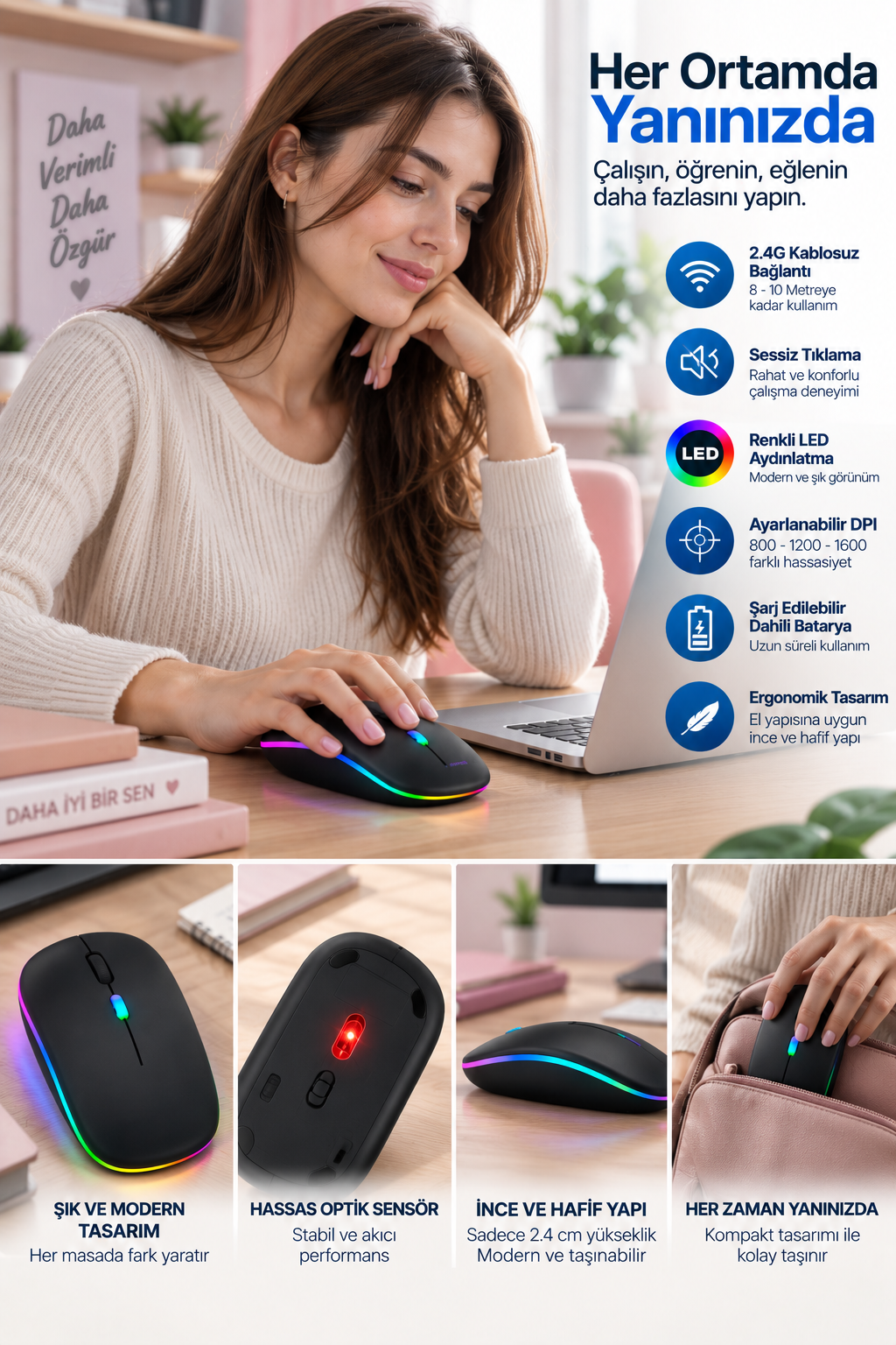 İnce Ergonomik Tasarım 2.4G Kablosuz LED Mouse - Lisinya