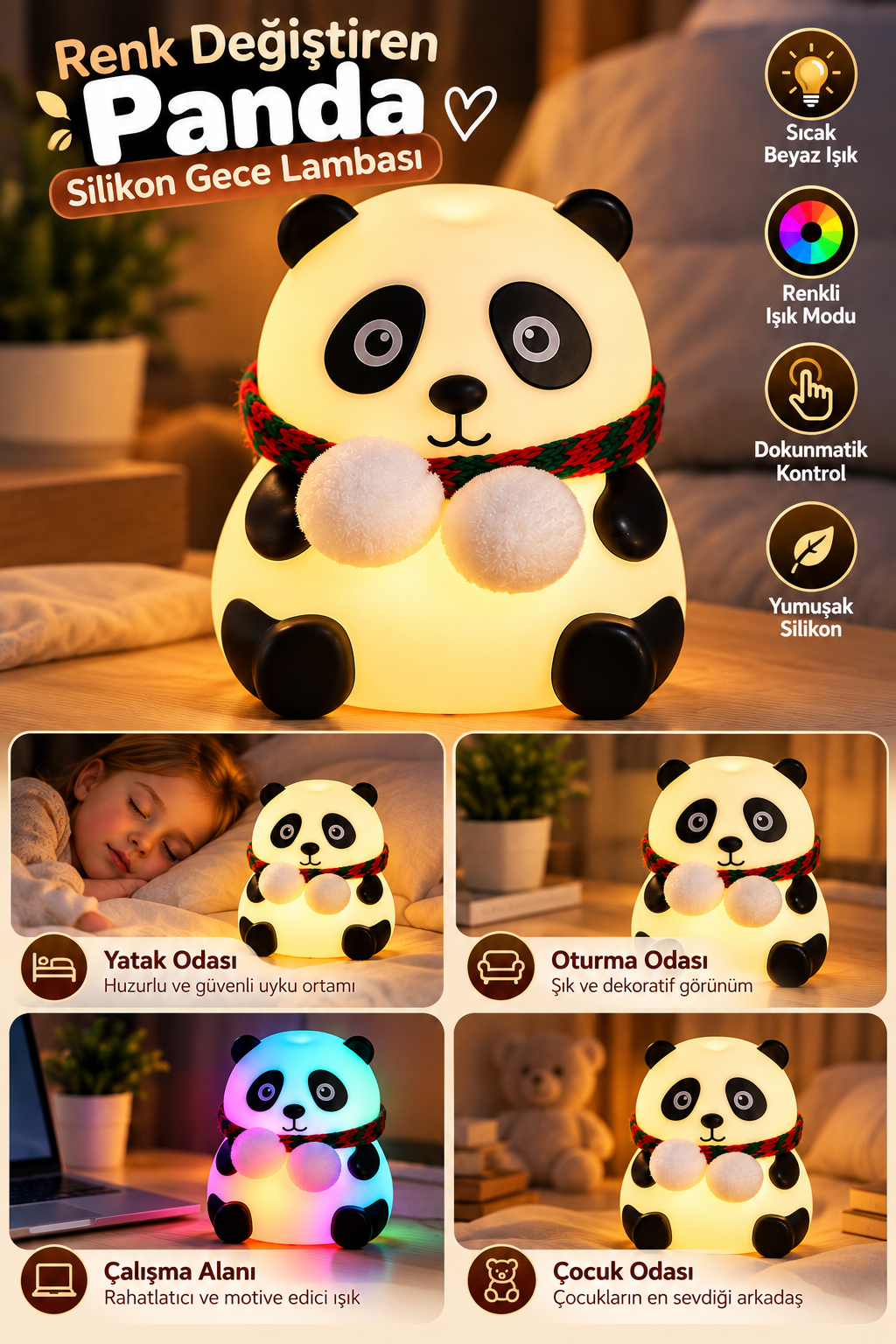 Yatak Odası Çocuk Odası İçin Renk Değiştiren Panda Silikon Gece Lambası - Lisinya Yatak Odası Çocuk Odası İçin Renk Değiştiren Panda Silikon Gece Lambası - Lisinya