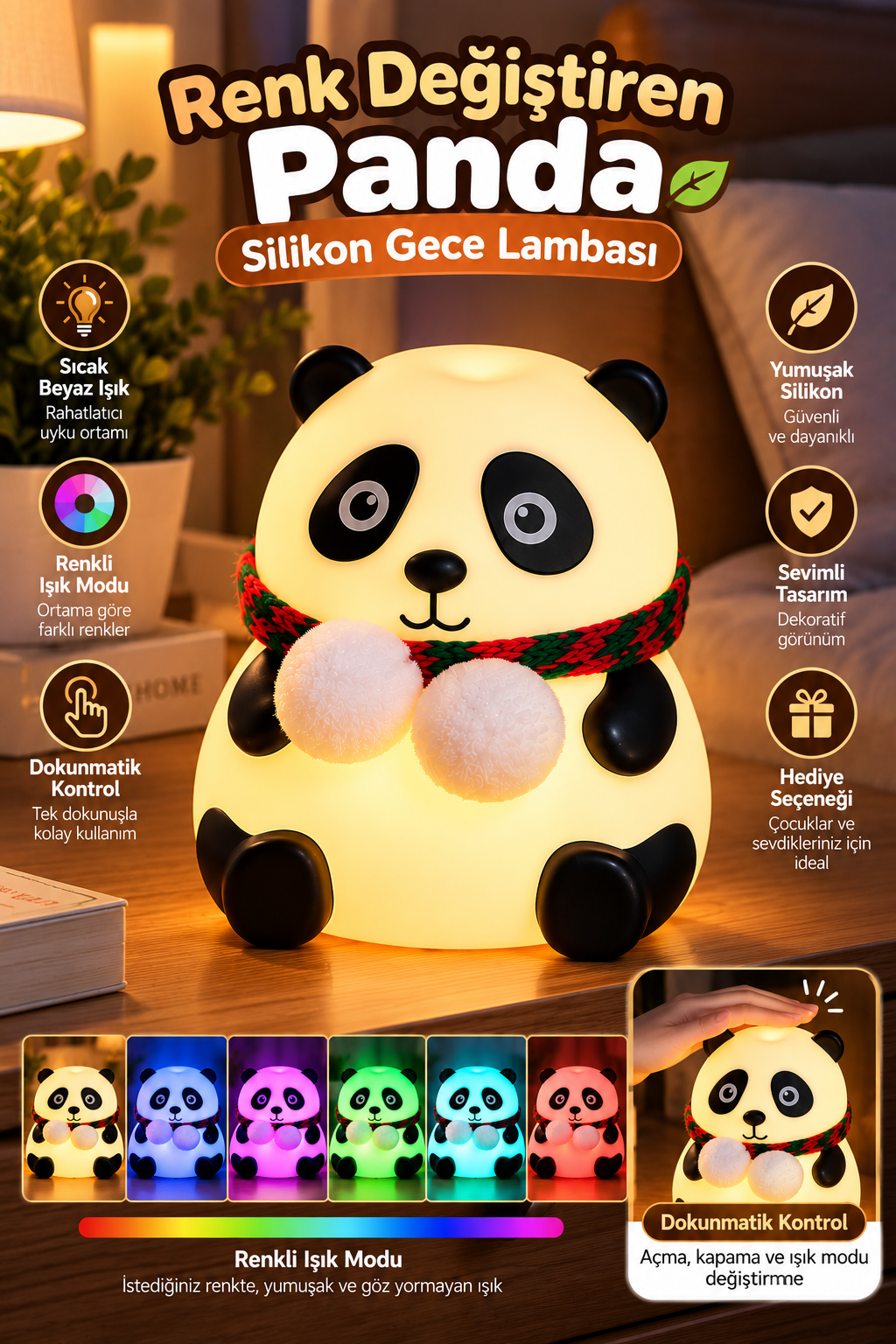 Dokunmatik Kontrollü Renk Değiştiren Panda Gece Lambası Çocuk Odası ve Yatak Odası - Lisinya Dokunmatik Kontrollü Renk Değiştiren Panda Gece Lambası Çocuk Odası ve Yatak Odası - Lisinya