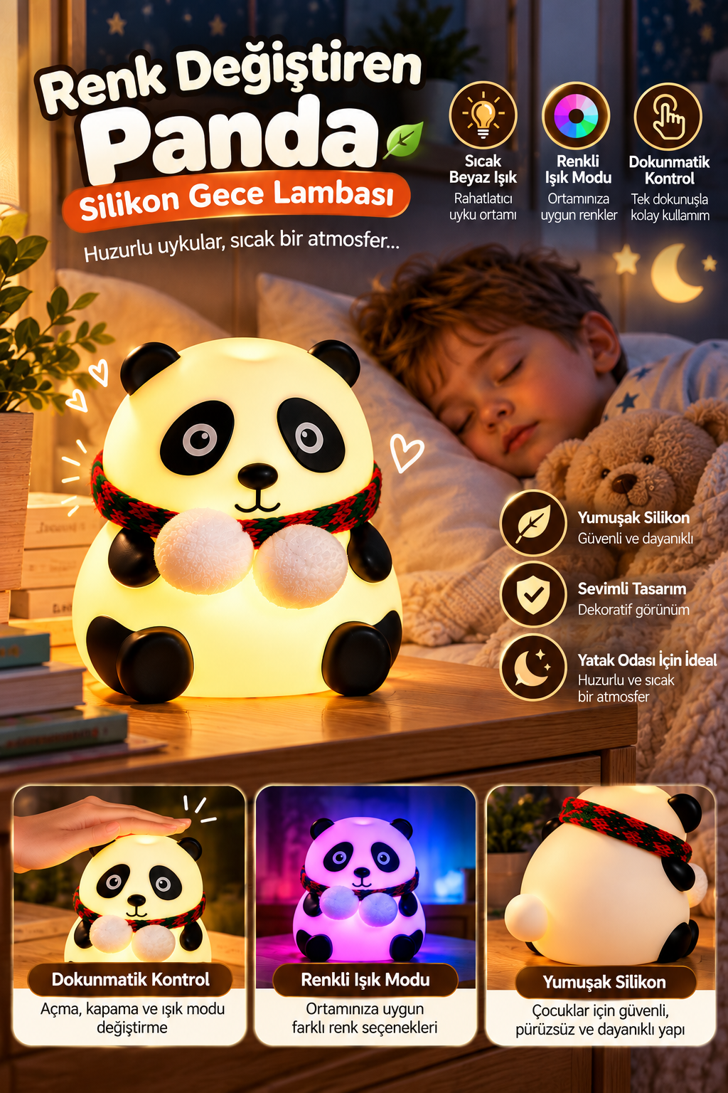 Renkli Işık Modlu Silikon Panda Gece Lambası Dokunmatik Kontrollü Sevimli Dekoratif - Lisinya Renkli Işık Modlu Silikon Panda Gece Lambası Dokunmatik Kontrollü Sevimli Dekoratif - Lisinya