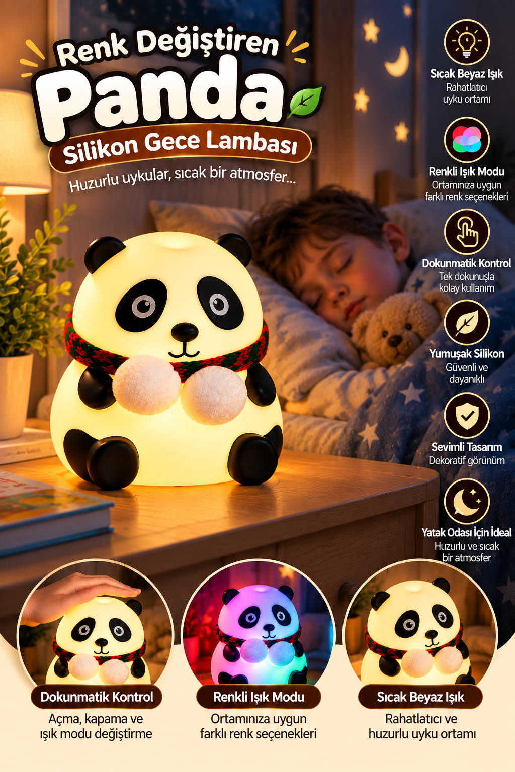 Dokunmatik Renk Değiştiren Şarjlı Silikon Panda Gece Lambası - Görsel 5