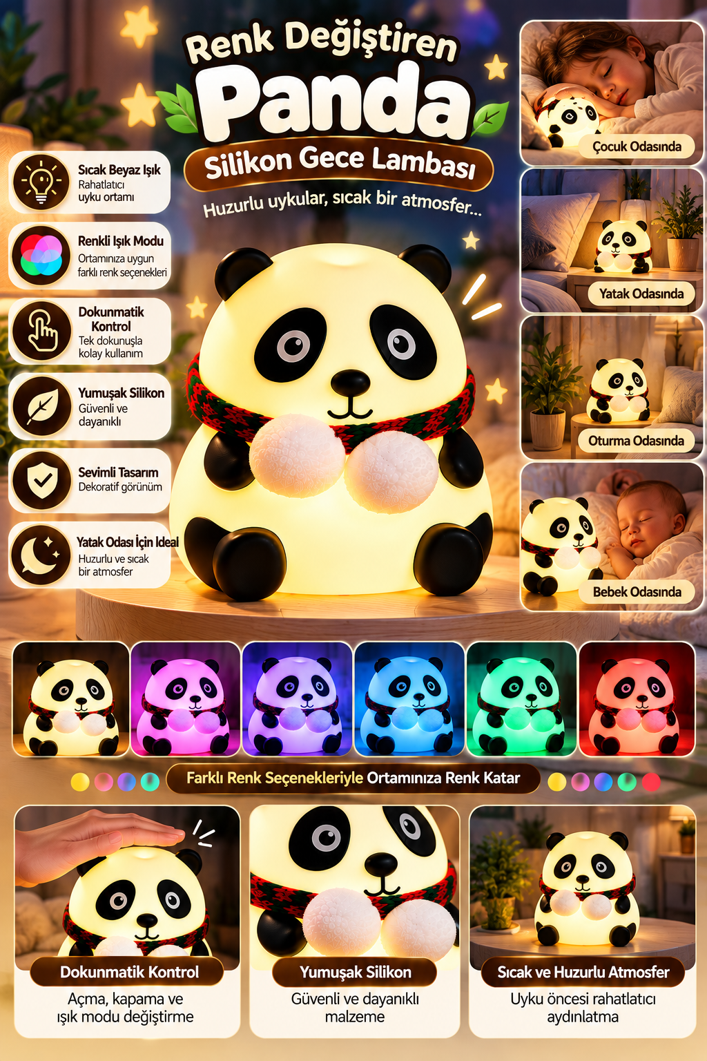 Dokunmatik Renk Değiştiren Şarjlı Silikon Panda Gece Lambası - Görsel 1
