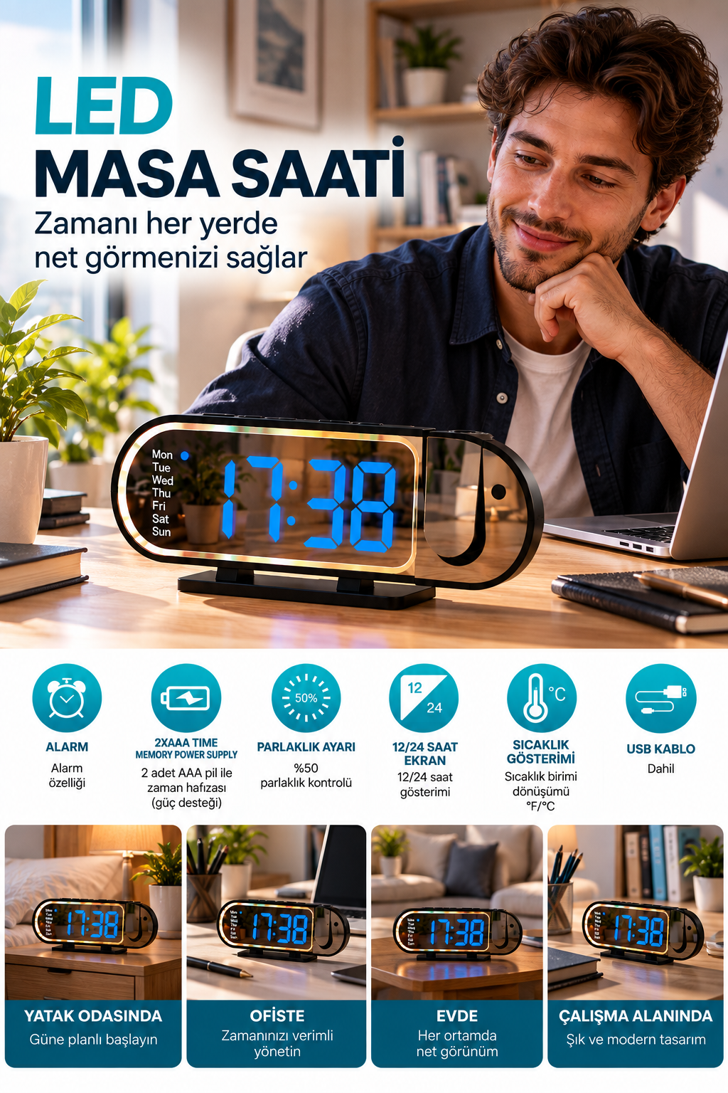 Modern Dijital LED Masa Saati Alarm Özellikli 12 24 Saat Seçenekli Sıcaklık Göstergeli Ekran - Lisinya Modern Dijital LED Masa Saati Alarm Özellikli 12 24 Saat Seçenekli Sıcaklık Göstergeli Ekran - Lisinya