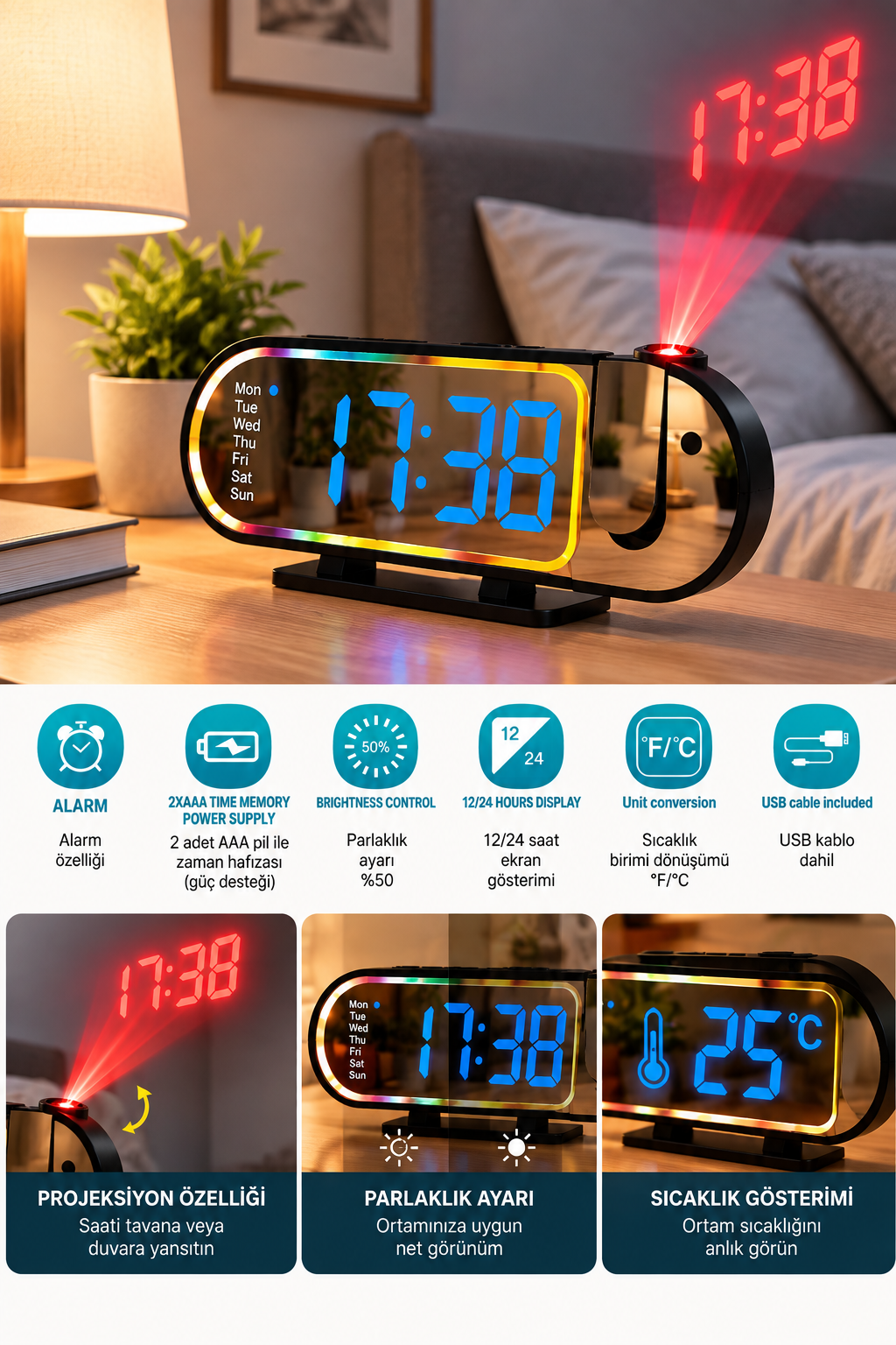 LED Dijital Masa Saati Şık Tasarım Alarm Özelliği Parlaklık Ayarı Sıcaklık ve 12 24 Saat Gösterimi - Lisinya LED Dijital Masa Saati Şık Tasarım Alarm Özelliği Parlaklık Ayarı Sıcaklık ve 12 24 Saat Gösterimi - Lisinya