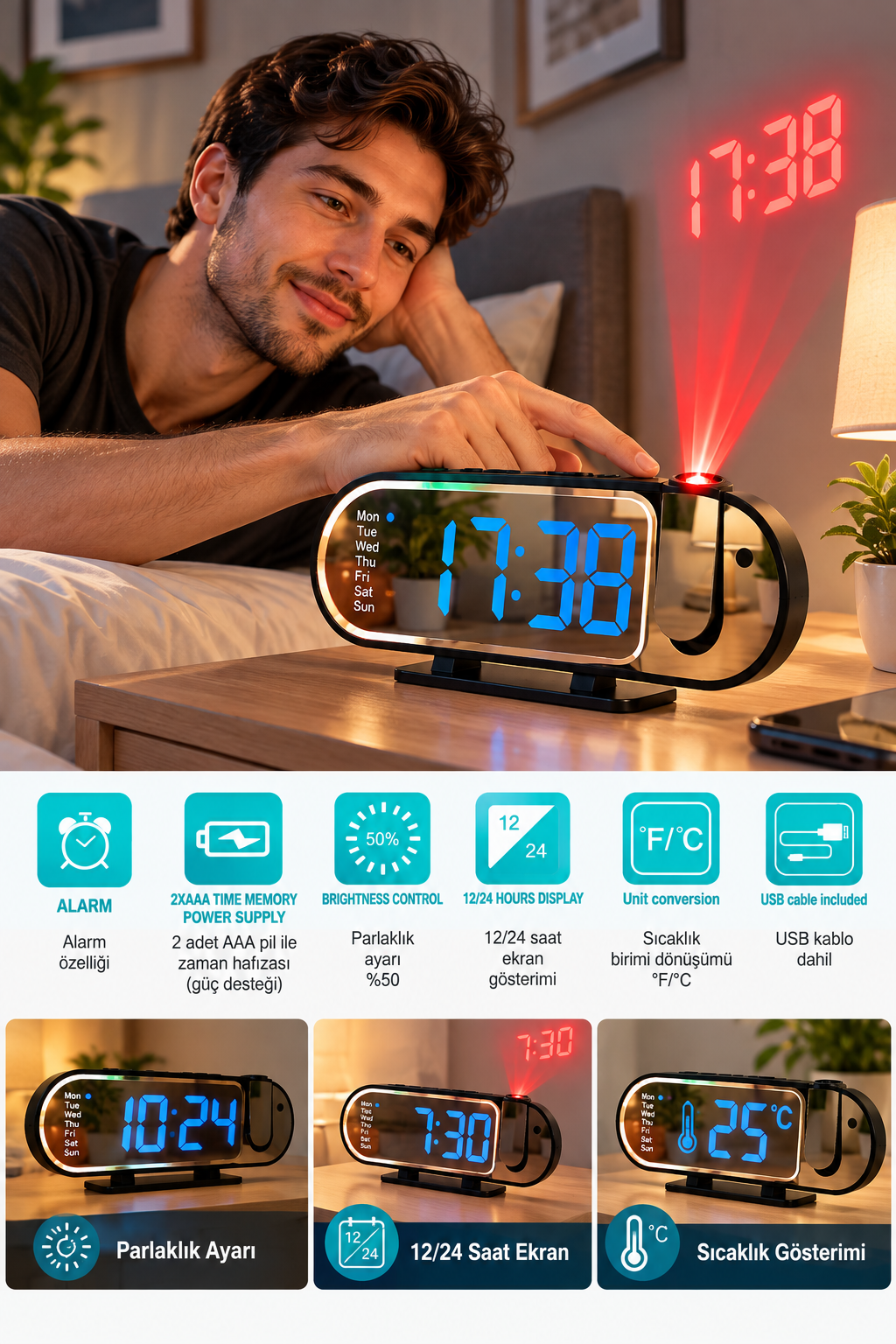 Dijital LED Masa Saati Masaüstü Alarm Saati Parlaklık Ayarlı Sıcaklık ve 12 24 Saat Göstergeli - Lisinya Dijital LED Masa Saati Masaüstü Alarm Saati Parlaklık Ayarlı Sıcaklık ve 12 24 Saat Göstergeli - Lisinya