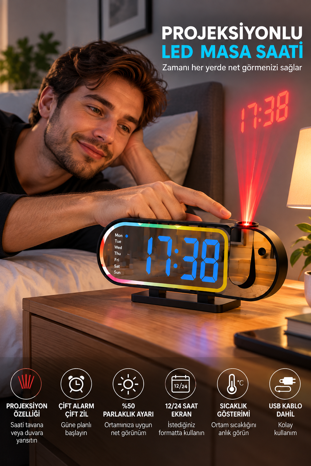 Modern LED Masa Saati Dijital Ekranlı Alarm Parlaklık Ayarlı 12 24 Saat Sıcaklık Göstergeli - Lisinya Modern LED Masa Saati Dijital Ekranlı Alarm Parlaklık Ayarlı 12 24 Saat Sıcaklık Göstergeli - Lisinya