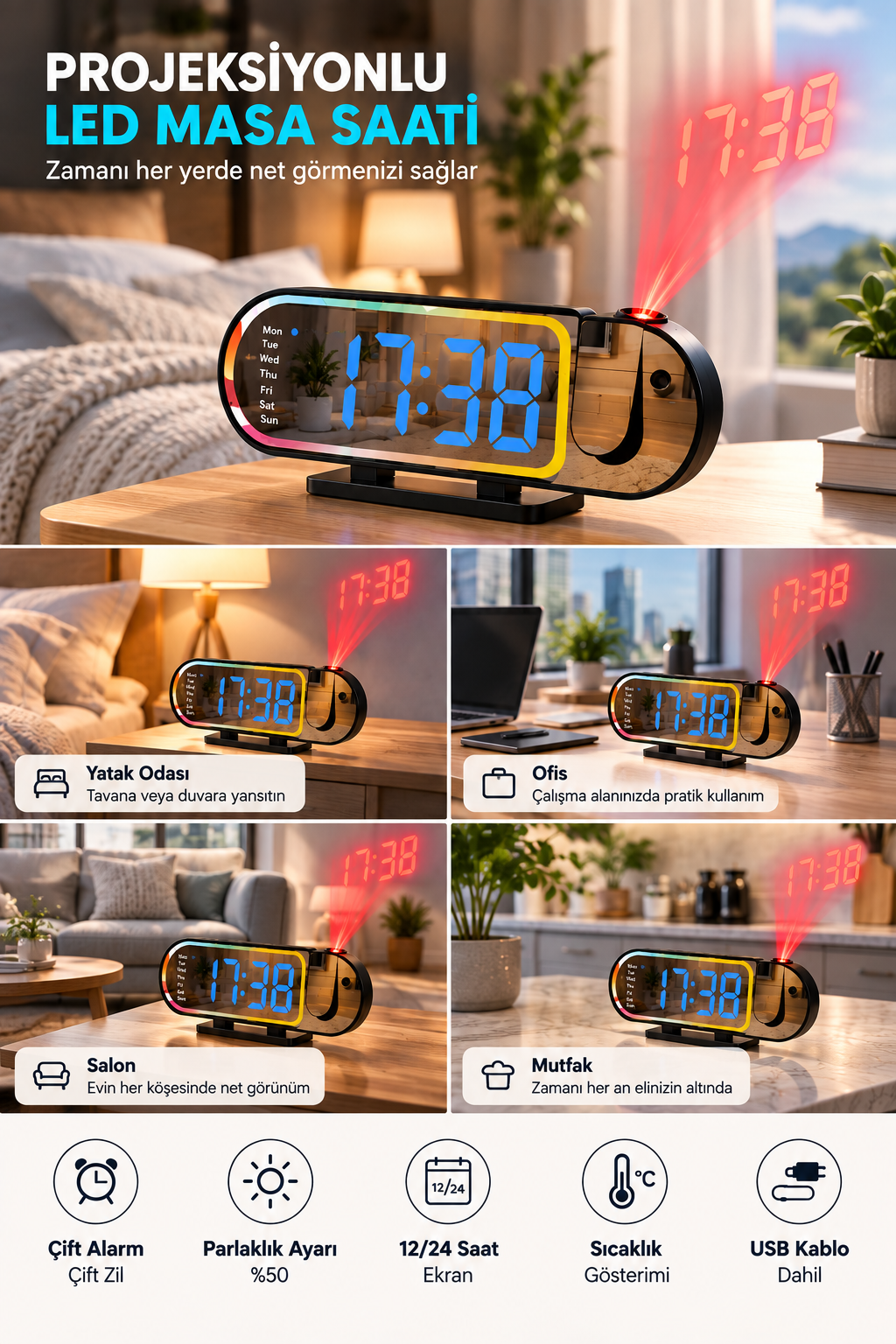 Dijital LED Masa Saati Masaüstü Alarm Saati Parlaklık Ayarlı Sıcaklık ve 12 24 Saat Göstergeli - Lisinya Dijital LED Masa Saati Masaüstü Alarm Saati Parlaklık Ayarlı Sıcaklık ve 12 24 Saat Göstergeli - Lisinya