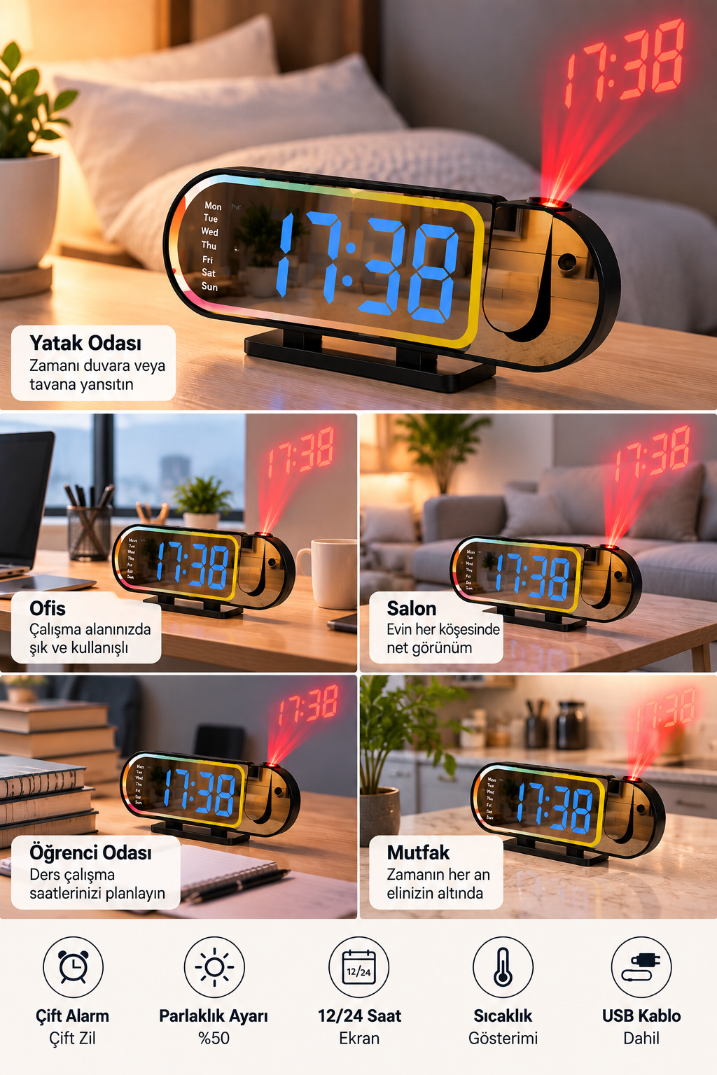 Dijital LED Masa Saati Masaüstü Alarm Saati Parlaklık Ayarlı Sıcaklık ve 12 24 Saat Göstergeli - Lisinya Dijital LED Masa Saati Masaüstü Alarm Saati Parlaklık Ayarlı Sıcaklık ve 12 24 Saat Göstergeli - Lisinya