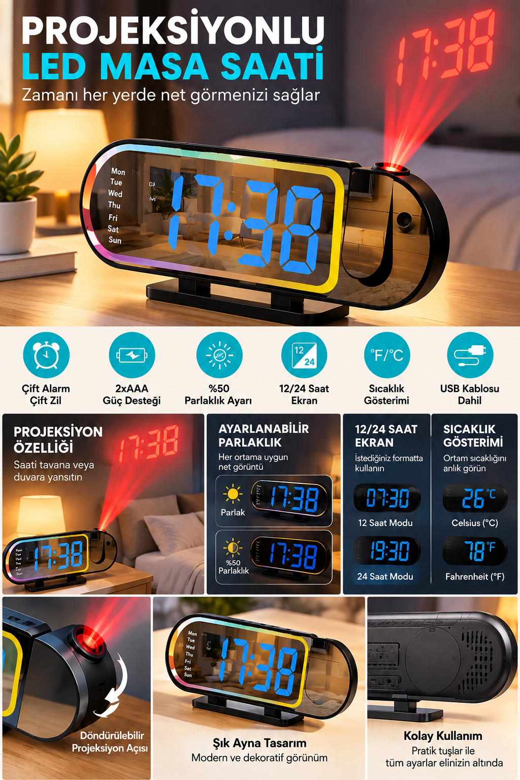 Dijital LED Masa Saati Masaüstü Alarm Saati Parlaklık Ayarlı Sıcaklık ve 12 24 Saat Göstergeli - Lisinya Dijital LED Masa Saati Masaüstü Alarm Saati Parlaklık Ayarlı Sıcaklık ve 12 24 Saat Göstergeli - Lisinya