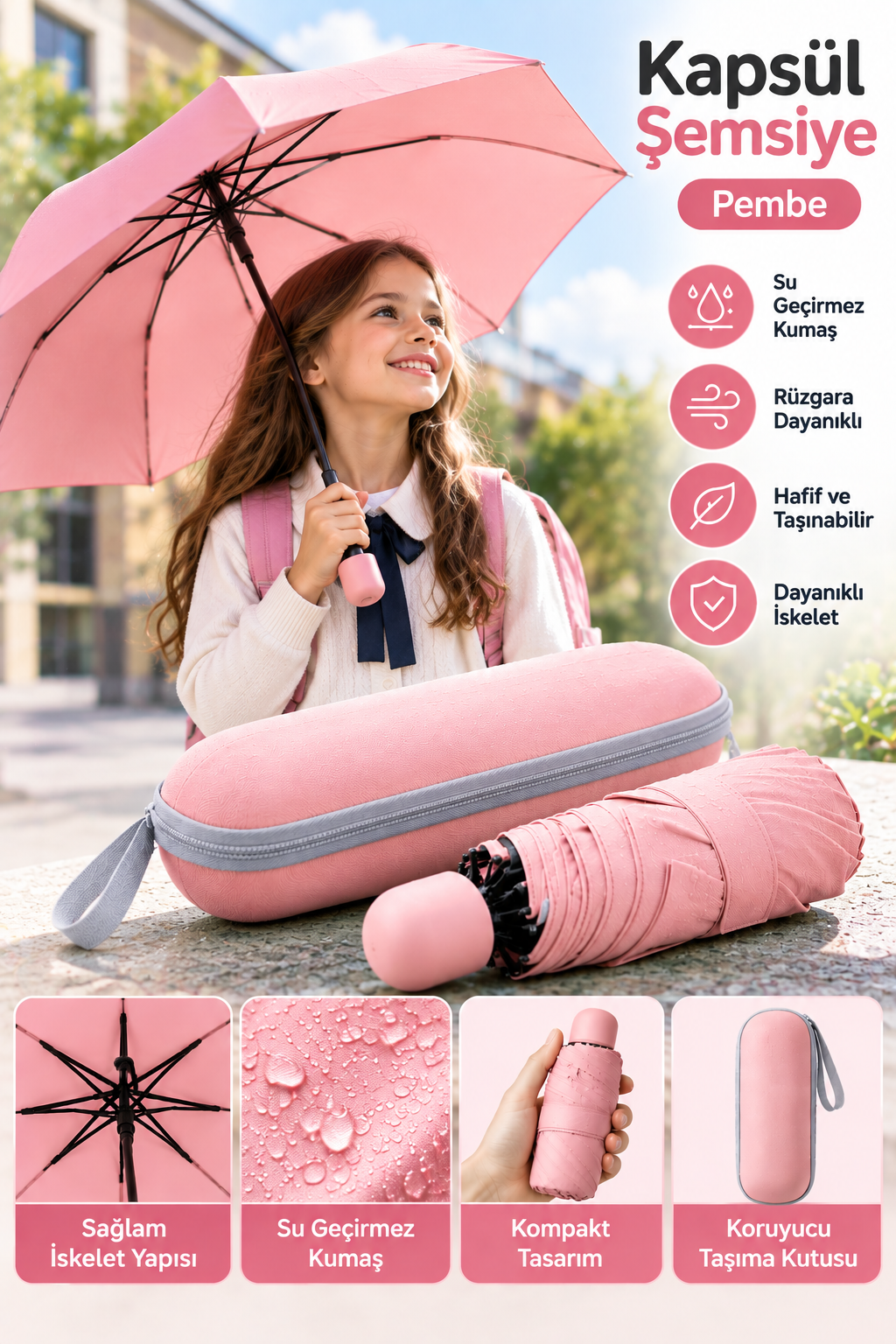 Okul İş ve Günlük Kullanıma Uygun Pembe Kapsül Şemsiye Pratik Taşınabilir Tasarım - Lisinya Okul İş ve Günlük Kullanıma Uygun Pembe Kapsül Şemsiye Pratik Taşınabilir Tasarım - Lisinya