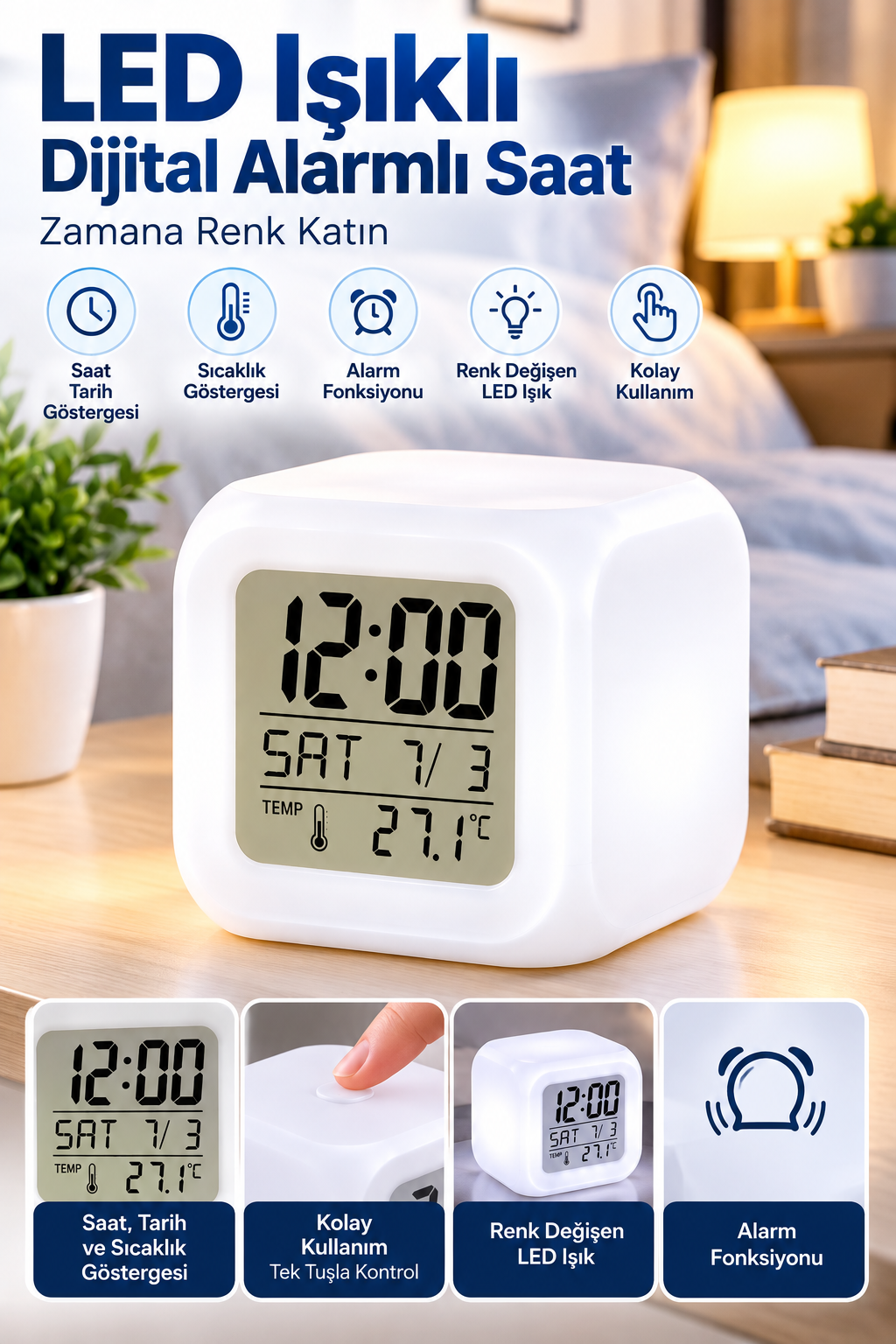 LED Aydınlatmalı Küp Saat Dijital Alarm Tarih ve Sıcaklık Göstergeli - Lisinya LED Aydınlatmalı Küp Saat Dijital Alarm Tarih ve Sıcaklık Göstergeli - Lisinya