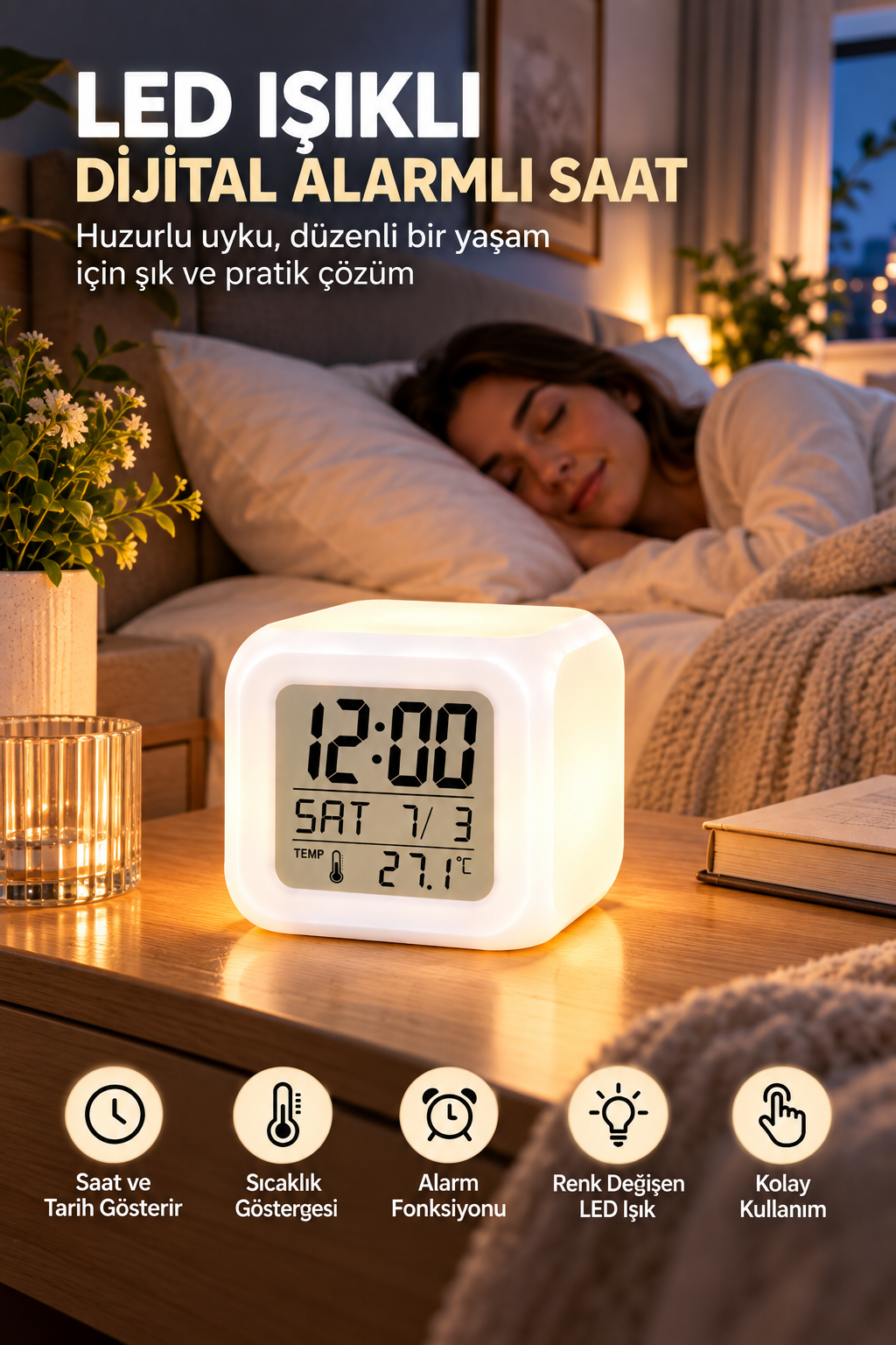 Dijital Ekranlı Küp Saat LED Işıklı Alarm ve Sıcaklık Göstergeli - Lisinya Dijital Ekranlı Küp Saat LED Işıklı Alarm ve Sıcaklık Göstergeli - Lisinya
