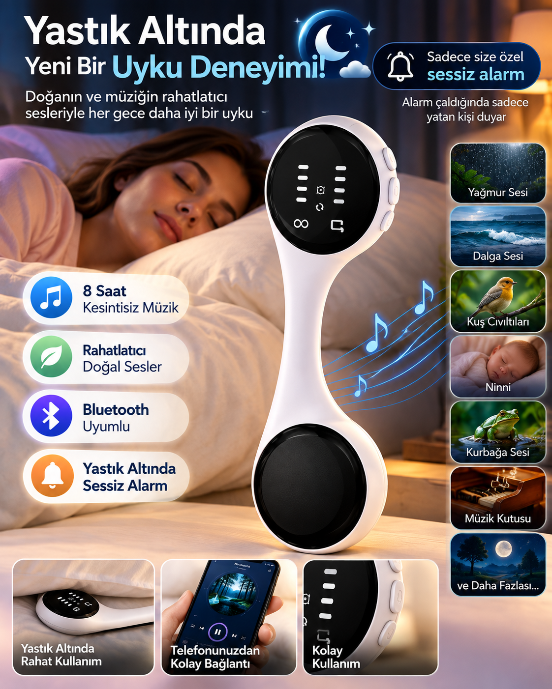 Sessiz Alarm Bluetooth Uyku Hoparlörü Yastık Altı Kullanım Rahatlatıcı Sesler 8 Saat Kesintisiz Müzik - Lisinya