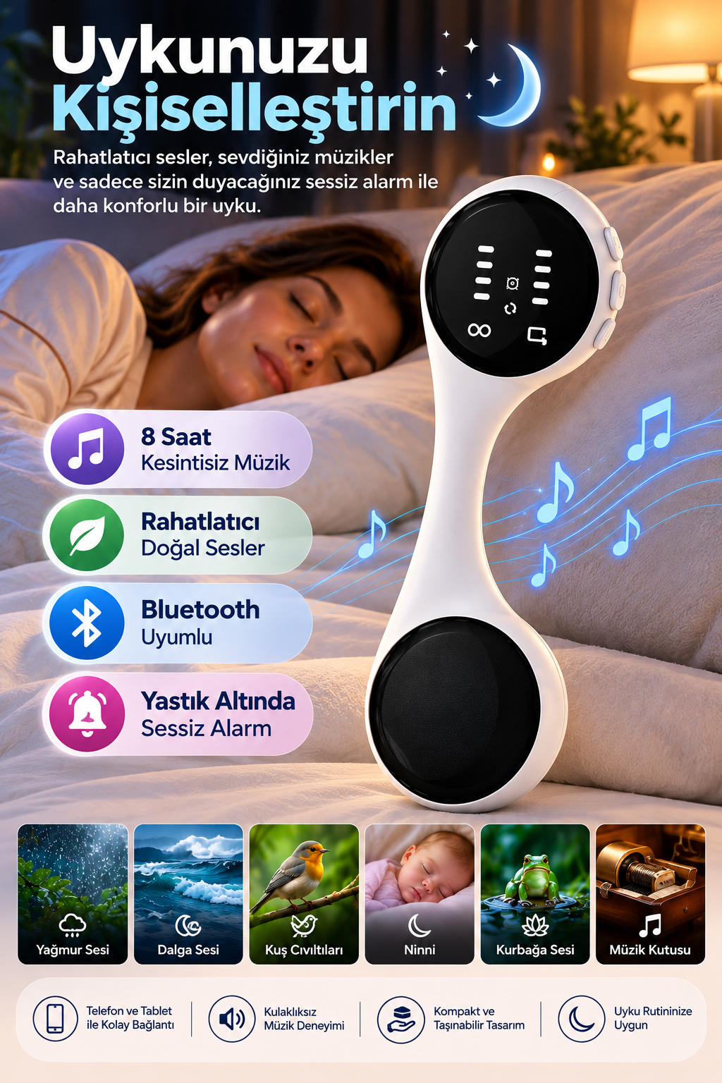 Bluetooth Uyumlu Yastık Altı Uyku Hoparlörü Sessiz Alarm Doğal Sesler 8 Saat Müzik Dinleme - Lisinya