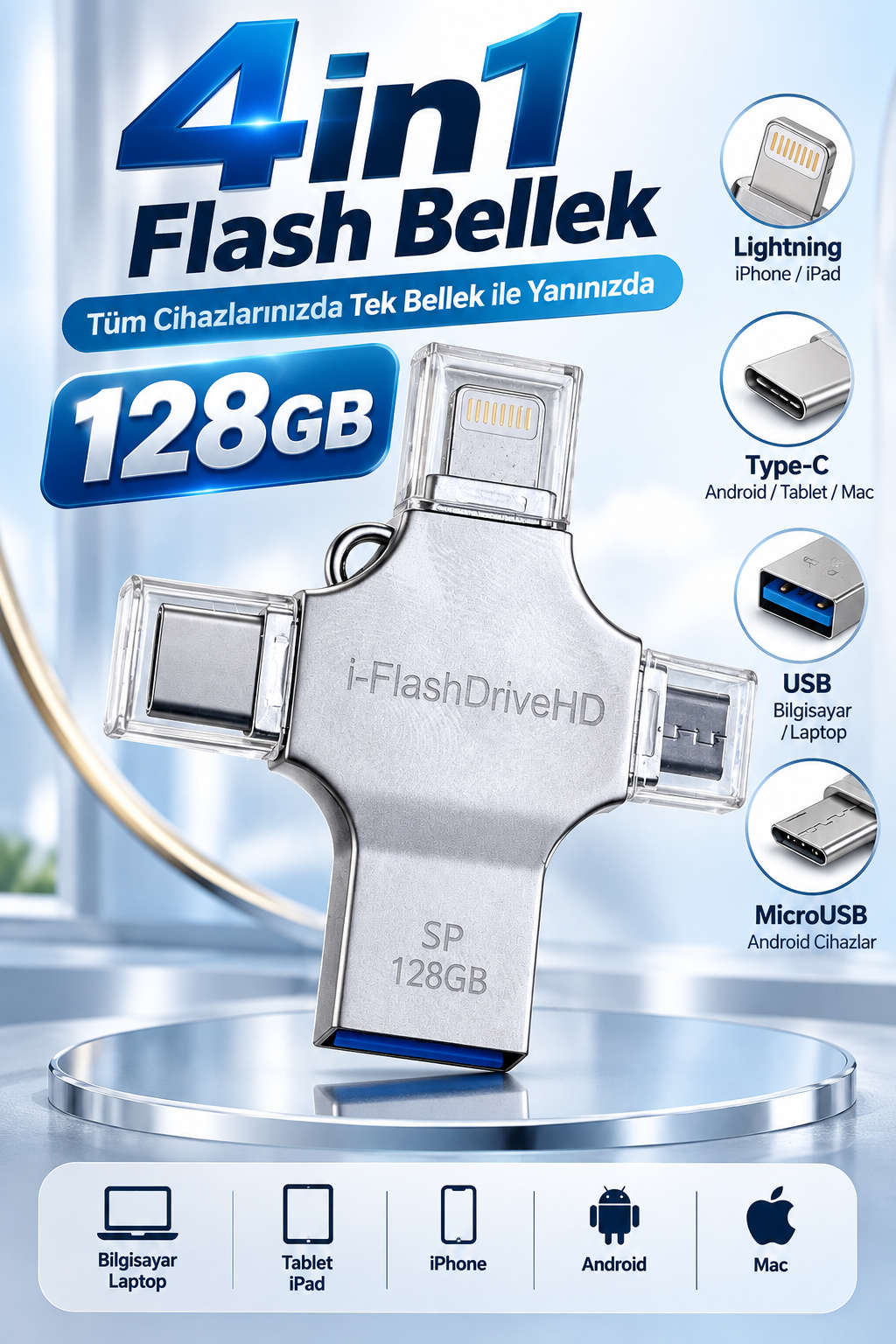 4in1 128GB Flash Bellek USB Type-C Lightning MicroUSB Çoklu Girişli Taşınabilir USB Bellek - Lisinya 4in1 128GB Flash Bellek USB Type-C Lightning MicroUSB Çoklu Girişli Taşınabilir USB Bellek - Lisinya