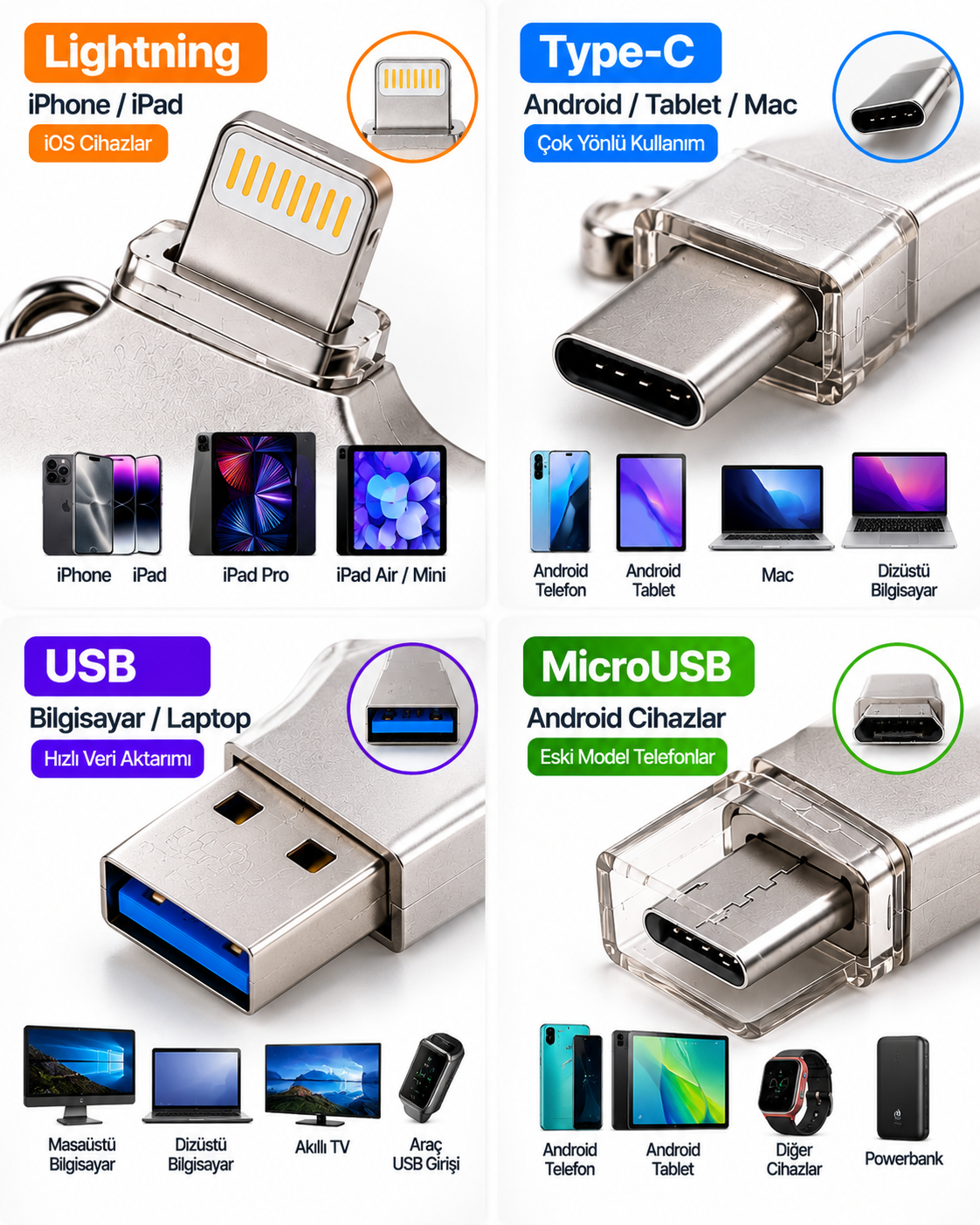 4in1 128GB Flash Bellek USB Type-C Lightning MicroUSB Çoklu Girişli Taşınabilir USB Bellek - Lisinya 4in1 128GB Flash Bellek USB Type-C Lightning MicroUSB Çoklu Girişli Taşınabilir USB Bellek - Lisinya
