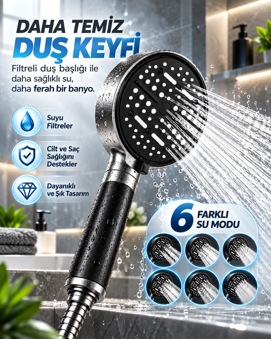 Büyük Panelli 6 Farklı Su Modlu Filtreli Duş Başlığı Siyah Metalik Tasarım - Lisinya Büyük Panelli 6 Farklı Su Modlu Filtreli Duş Başlığı Siyah Metalik Tasarım - Lisinya