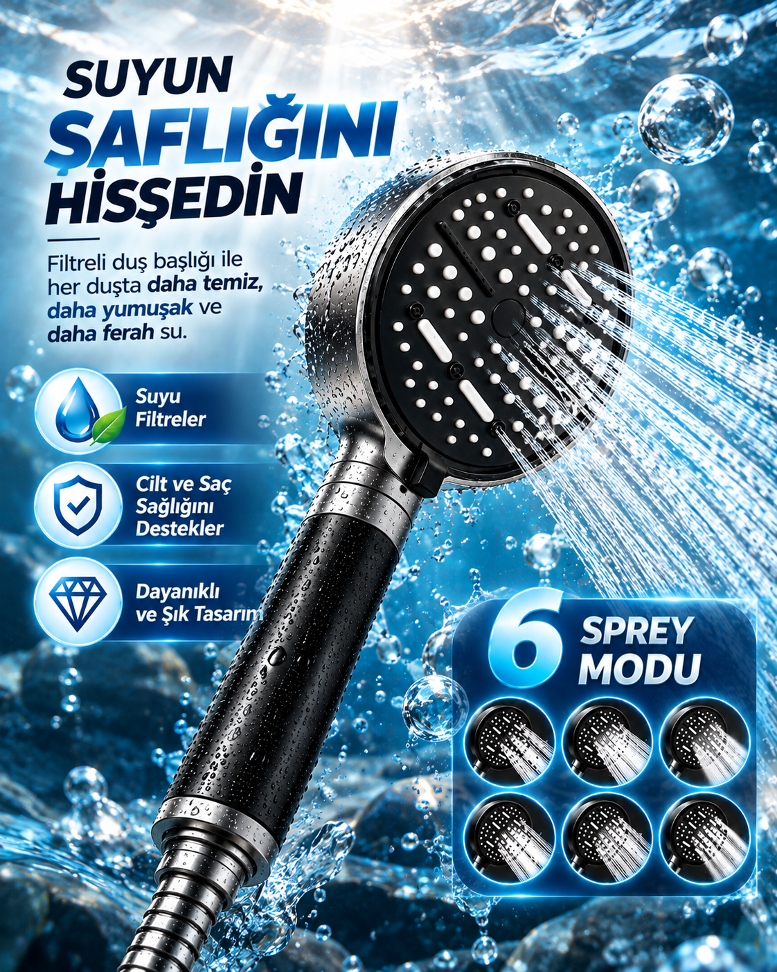 6 Sprey Modlu Filtreli Duş Başlığı Büyük Su Paneli Silikon Nozullu Modern Tasarım - Lisinya 6 Sprey Modlu Filtreli Duş Başlığı Büyük Su Paneli Silikon Nozullu Modern Tasarım - Lisinya