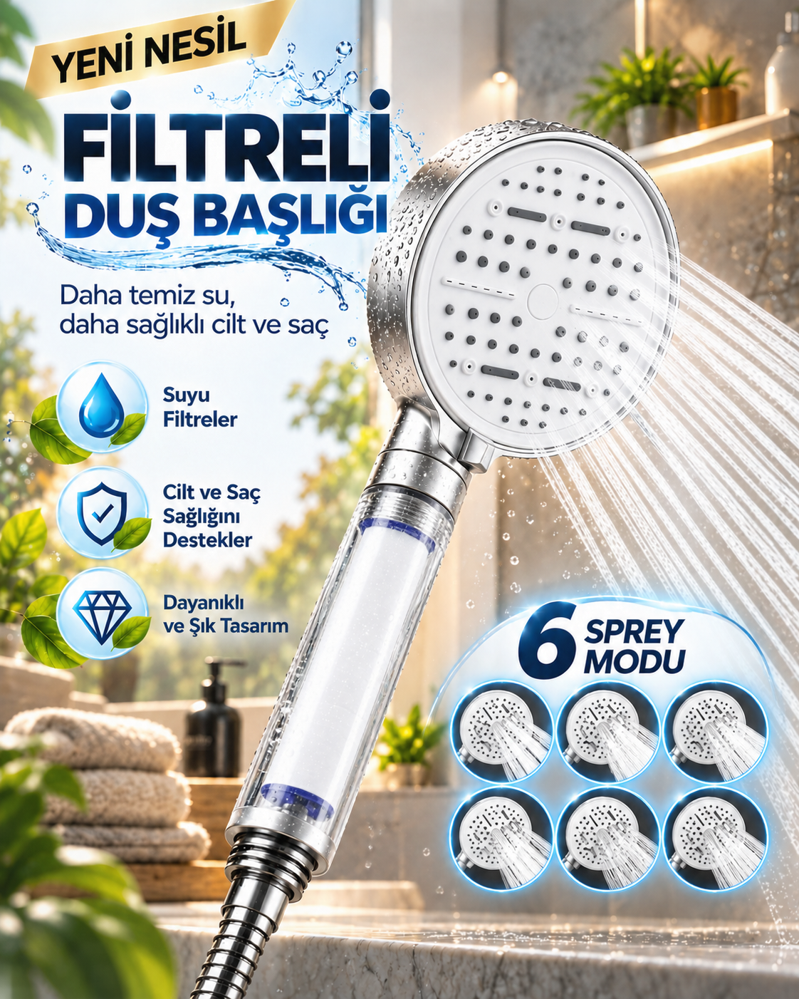 6 Sprey Modlu Filtreli Duş Başlığı Büyük Su Paneli Silikon Nozullu Beyaz Modern Tasarım - Lisinya 6 Sprey Modlu Filtreli Duş Başlığı Büyük Su Paneli Silikon Nozullu Beyaz Modern Tasarım - Lisinya