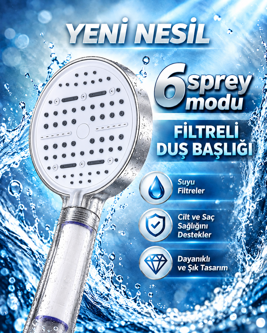 Büyük Panelli 6 Farklı Su Modlu Filtreli Duş Başlığı Beyaz Tasarım - Lisinya Büyük Panelli 6 Farklı Su Modlu Filtreli Duş Başlığı Beyaz Tasarım - Lisinya