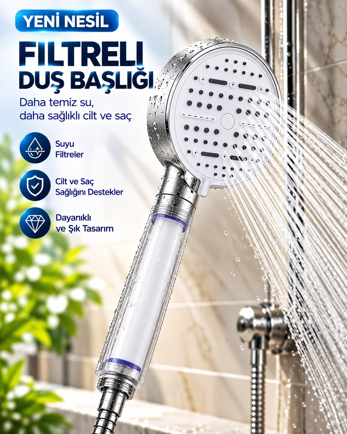 Çok Fonksiyonlu Filtreli Duş Başlığı 6 Farklı Sprey Modu Büyük Panel Beyaz - Lisinya