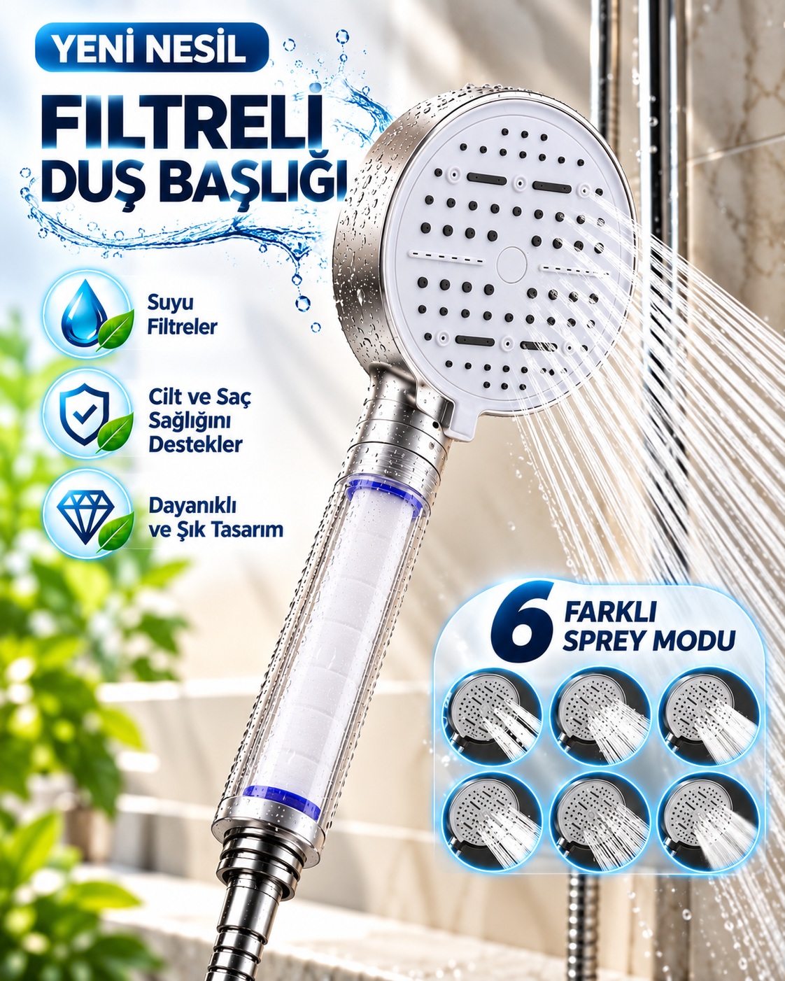 6 Modlu Filtreli Duş Başlığı Büyük Panel Su Tasarruflu Çok Fonksiyonlu Beyaz Duş Başlığı - Lisinya 6 Modlu Filtreli Duş Başlığı Büyük Panel Su Tasarruflu Çok Fonksiyonlu Beyaz Duş Başlığı - Lisinya