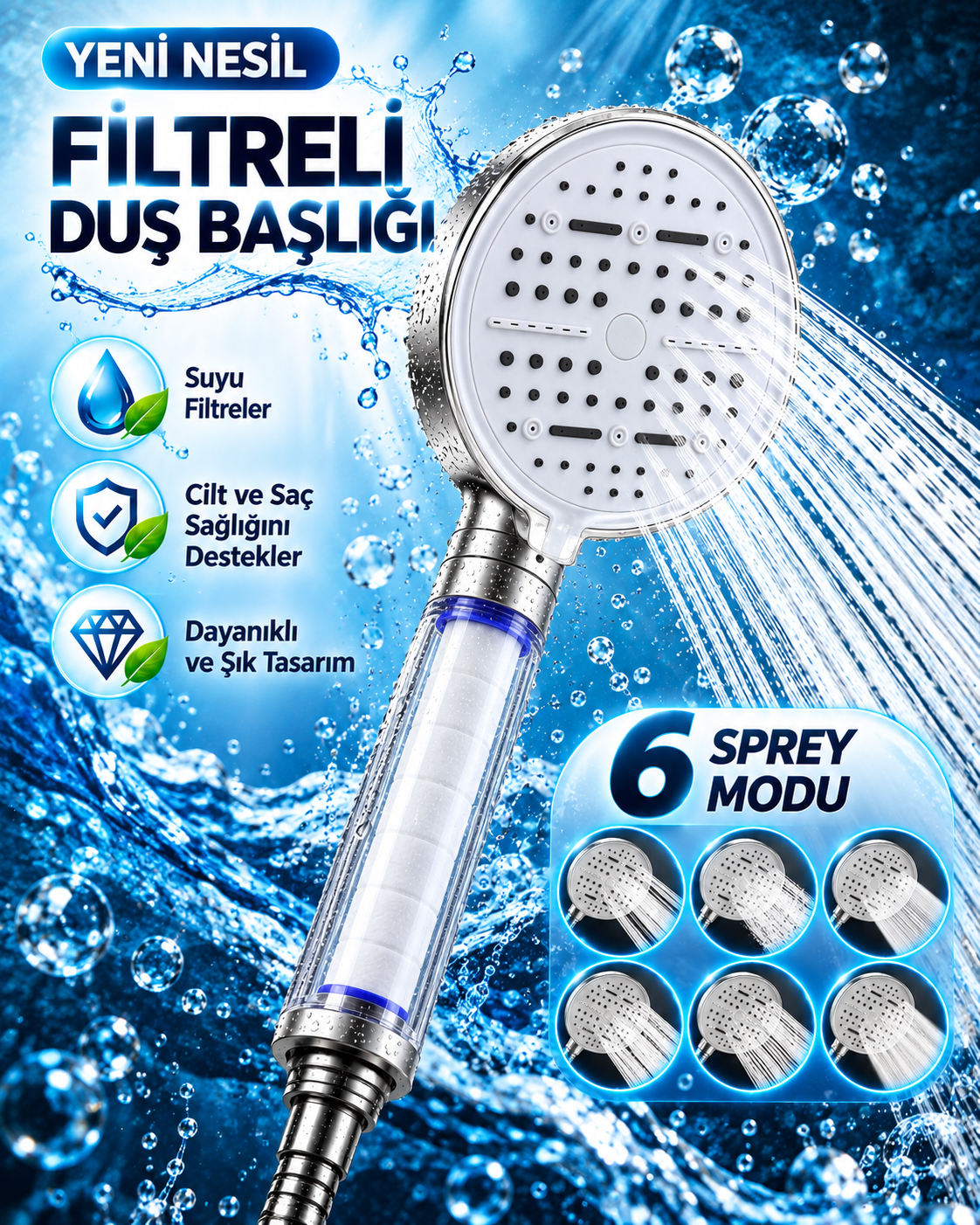 Modern Tasarımlı 6 Modlu Filtreli Duş Başlığı Büyük Panel Metalik Beyaz Duş Aparatı - Lisinya Modern Tasarımlı 6 Modlu Filtreli Duş Başlığı Büyük Panel Metalik Beyaz Duş Aparatı - Lisinya